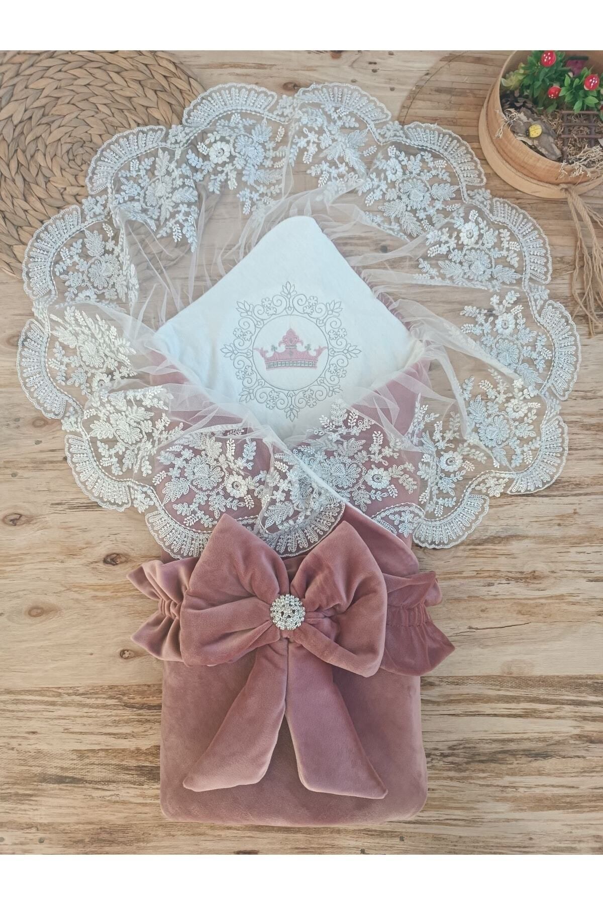 Tomuycuk Kadife Kız Bebek Battaniyesi Dantelli Kundak Hastane Çıkışı Yenidoğan %100 Doğal Pamuktan Hediyelik fotoğrafı 3 (önizleme)