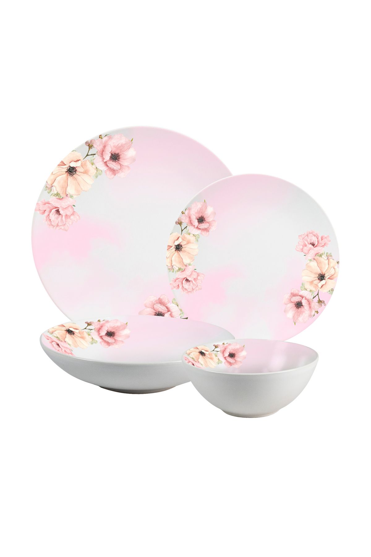 Cesiro Set Farfurii 16 Piese, 4 Persoane- Insieme Fiori Rosa - Set Veselă Italiană Porțelan - One Size