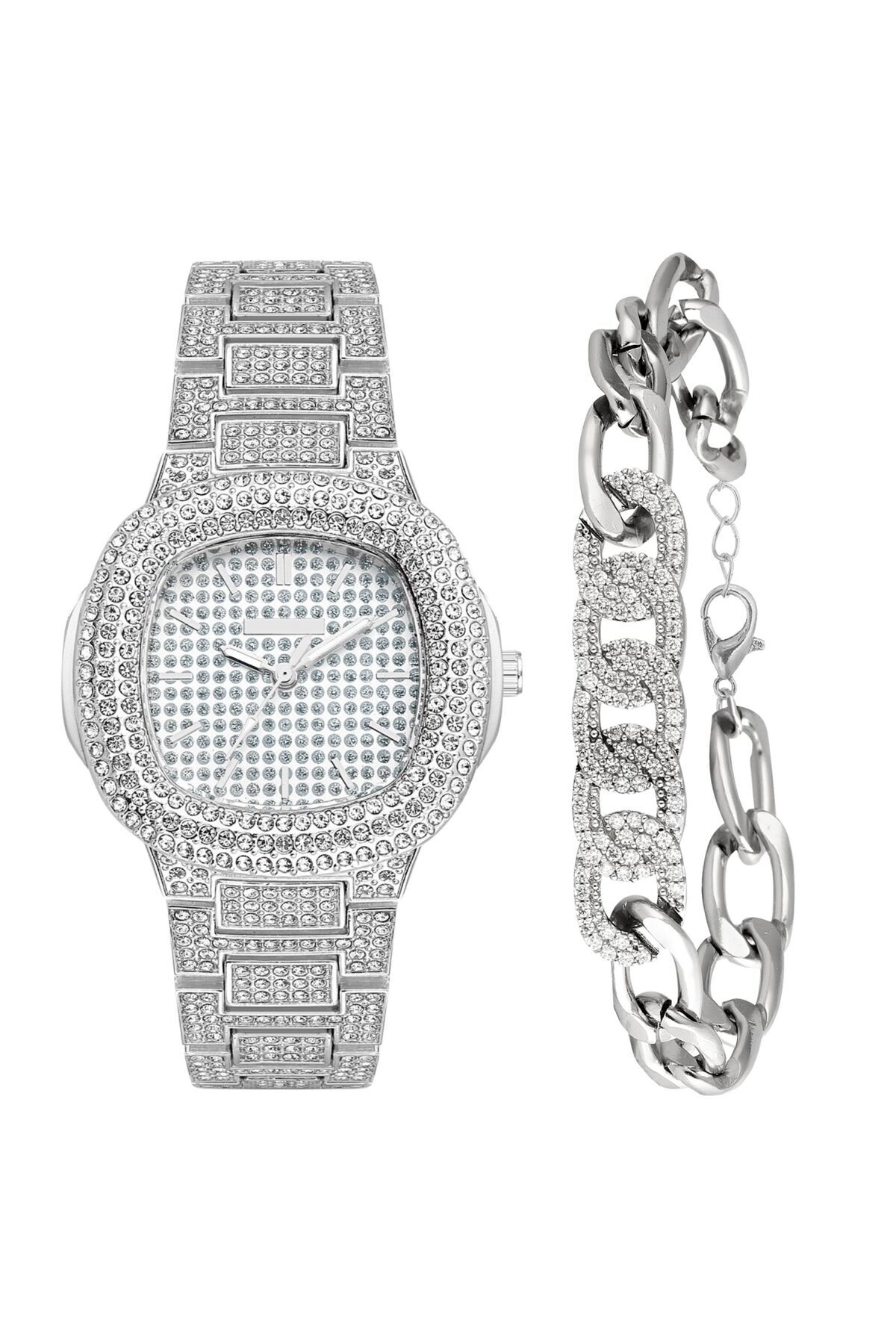 Forentina Gri Metal Taşlı Kol Saati-Zirkon Taşlı Bileklik Kombin Set PS4014