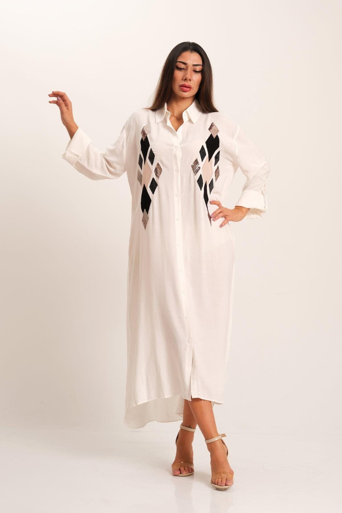 Keyifli Moda-فستان قميص طويل مطرز بالترتر من الأمام باللون الأبيض للنساء 4