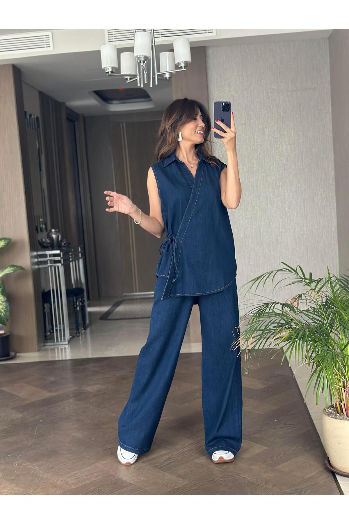 Forlady Butik Lacivert Lacarino Beli Lastikli Palazzo Kadın Jean Pantolon