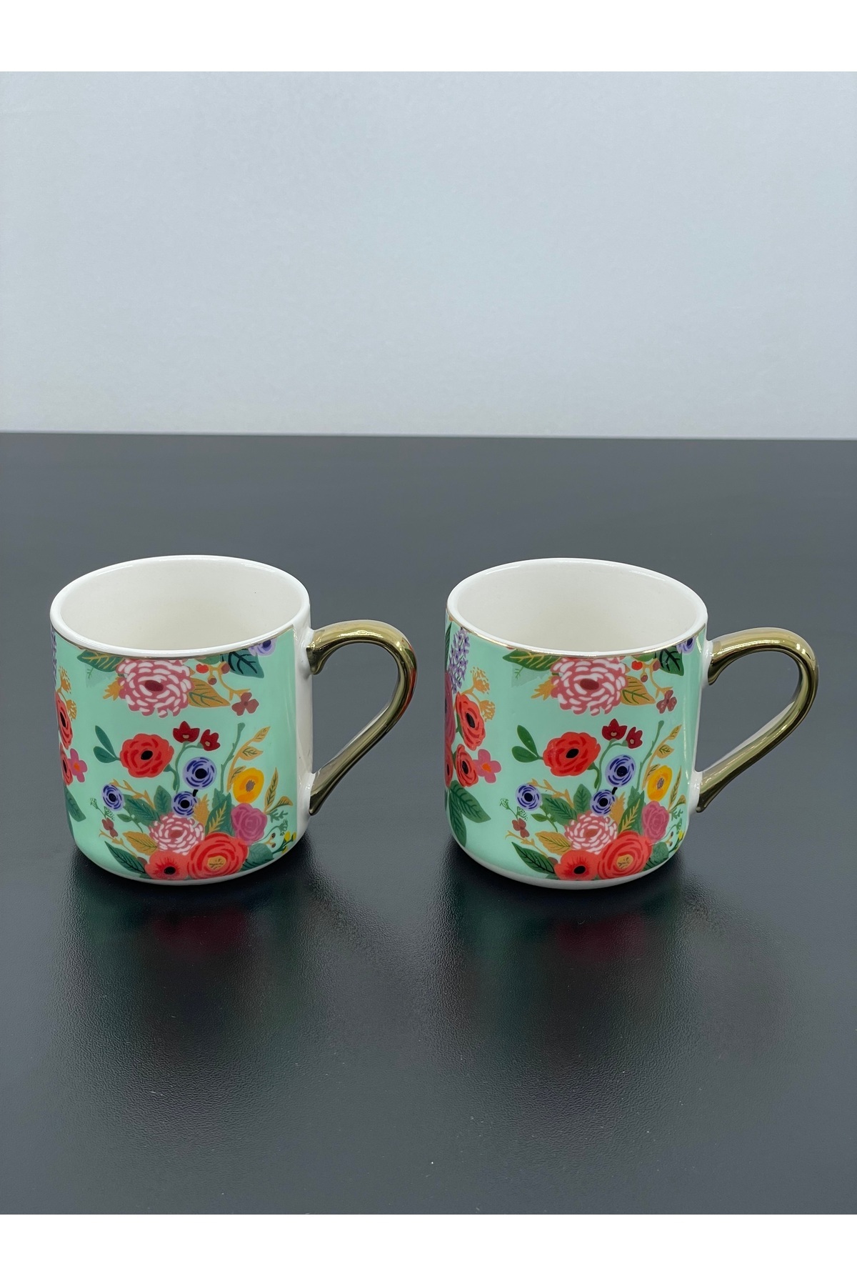 YzHome 2 Li Porselen Gold Yaldızlı Çiçek Desenli Kupa Bardak 150ml ...