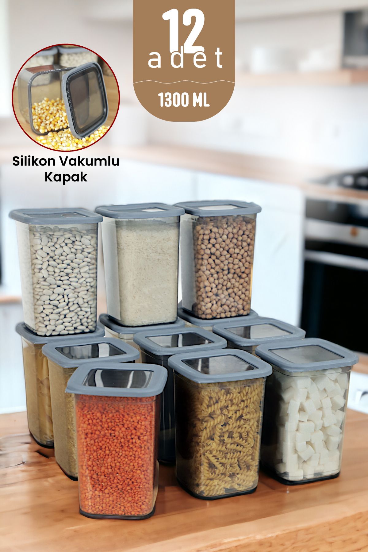 İronika-12 Pieces 1300 ml Food Pulses Storage Set - Square Box with Lid 1