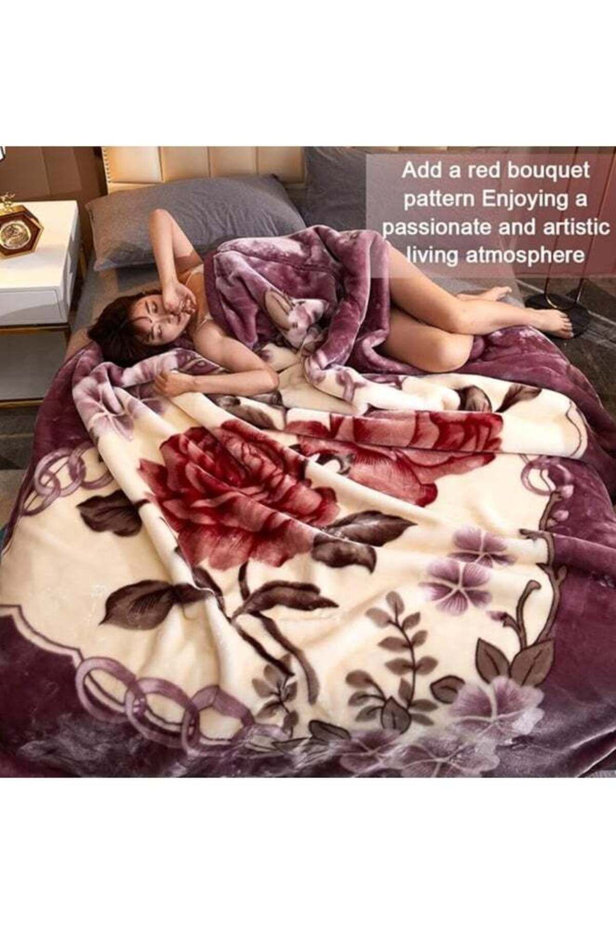 Comfy-KOREAN STYLE MINK SOFT THICKENED LUXURIOUS FLORAL PURPLE BLANKET 2