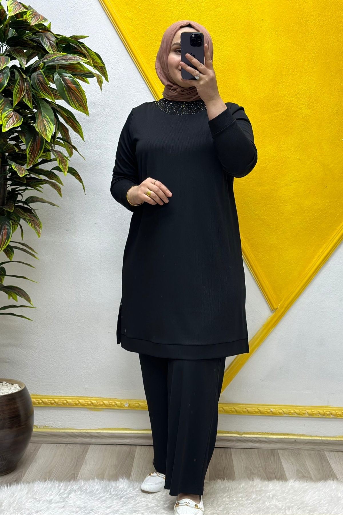 Elmas Tesettür Kadın Tesettür Giyim Büyük Beden Pantolonlu Ecrin İkili Takım