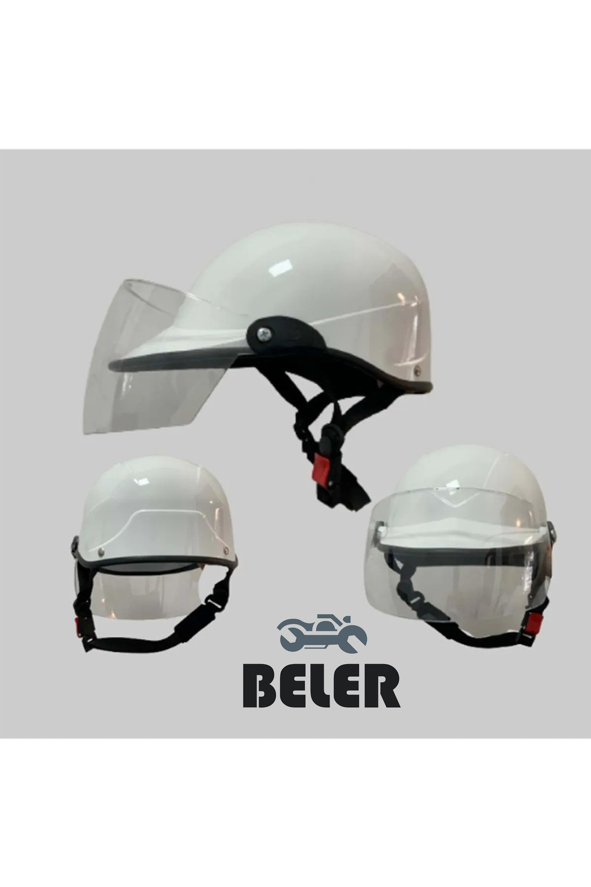 BELER Jokey Kask Dayanıklı Beyaz Camlı Motosiklet & Bisiklet Kaskı