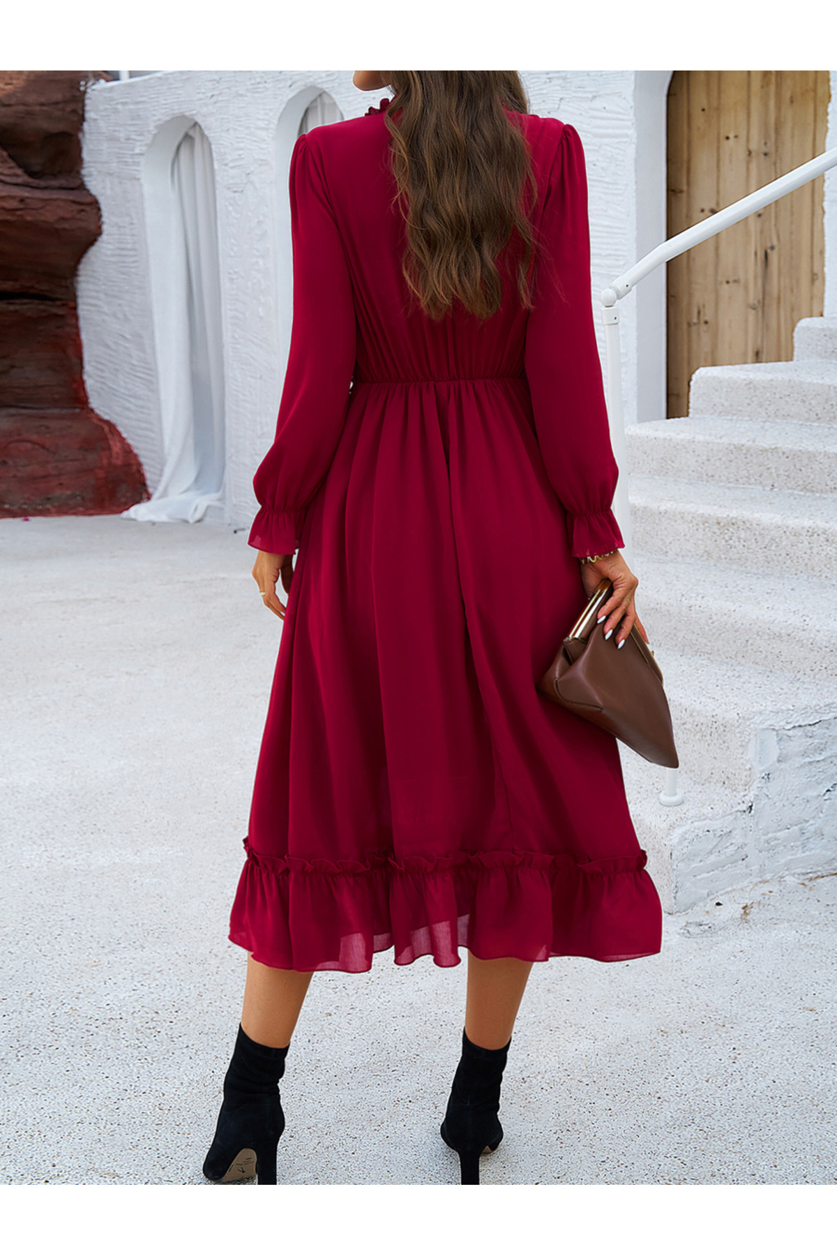 Styli-Flounce Detail Solid V Neck Midi Dress 4