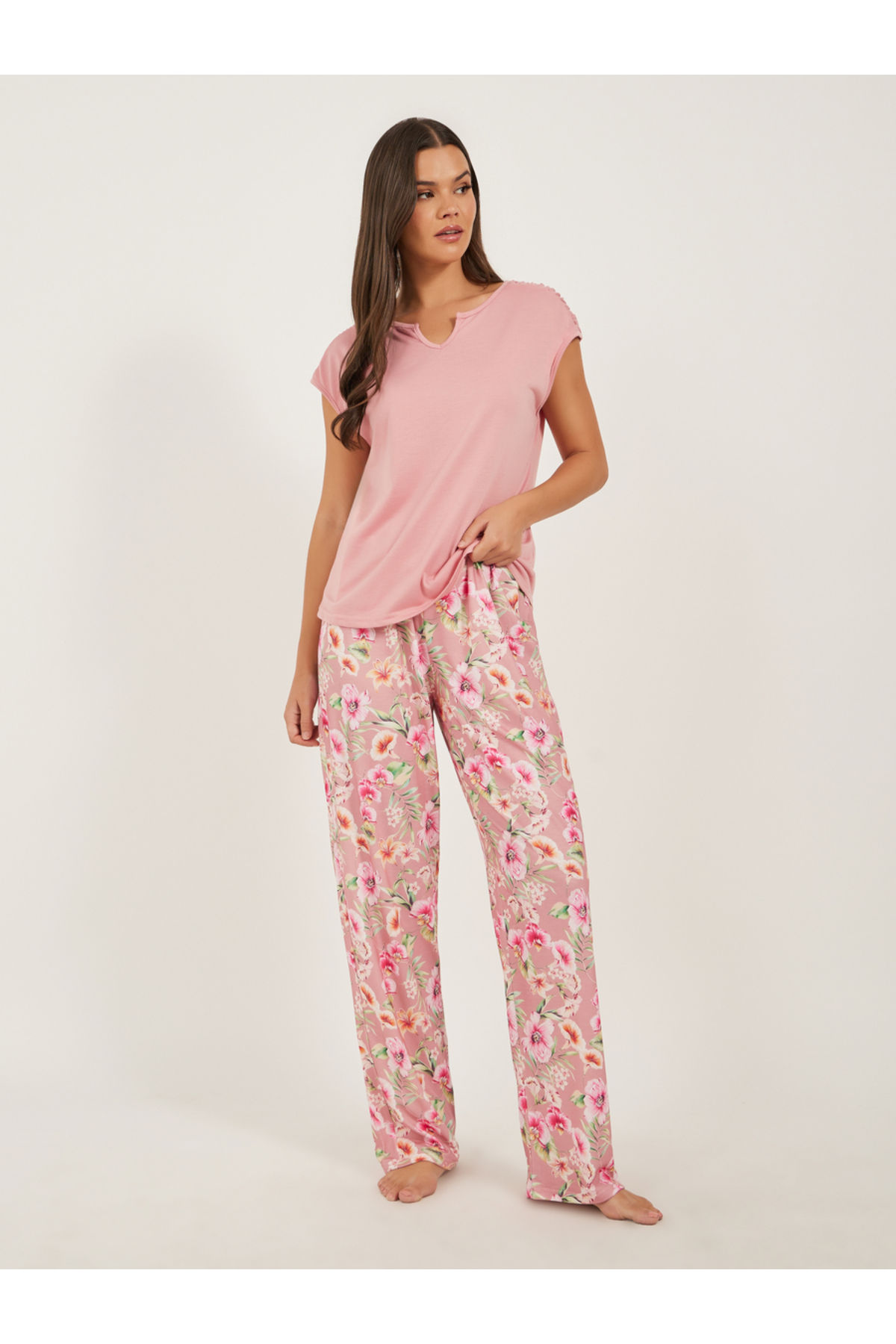 Styli Solid Short Sleeve Pink Floral Printed Pajama Set