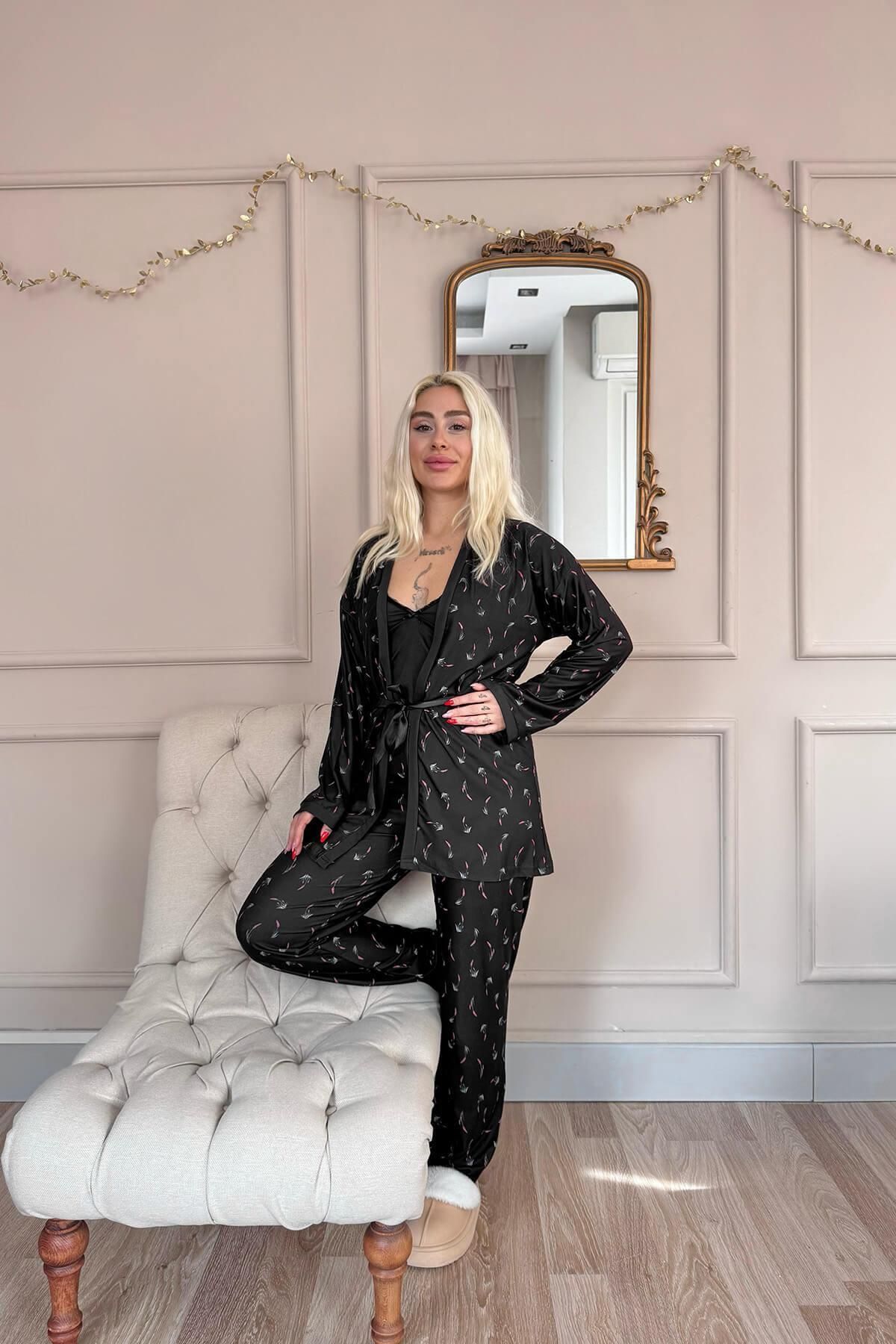 Pijamaevi-Black Midnight Petals Exclusive Women's Pajama Set with Knitted Dressing Gown 6
