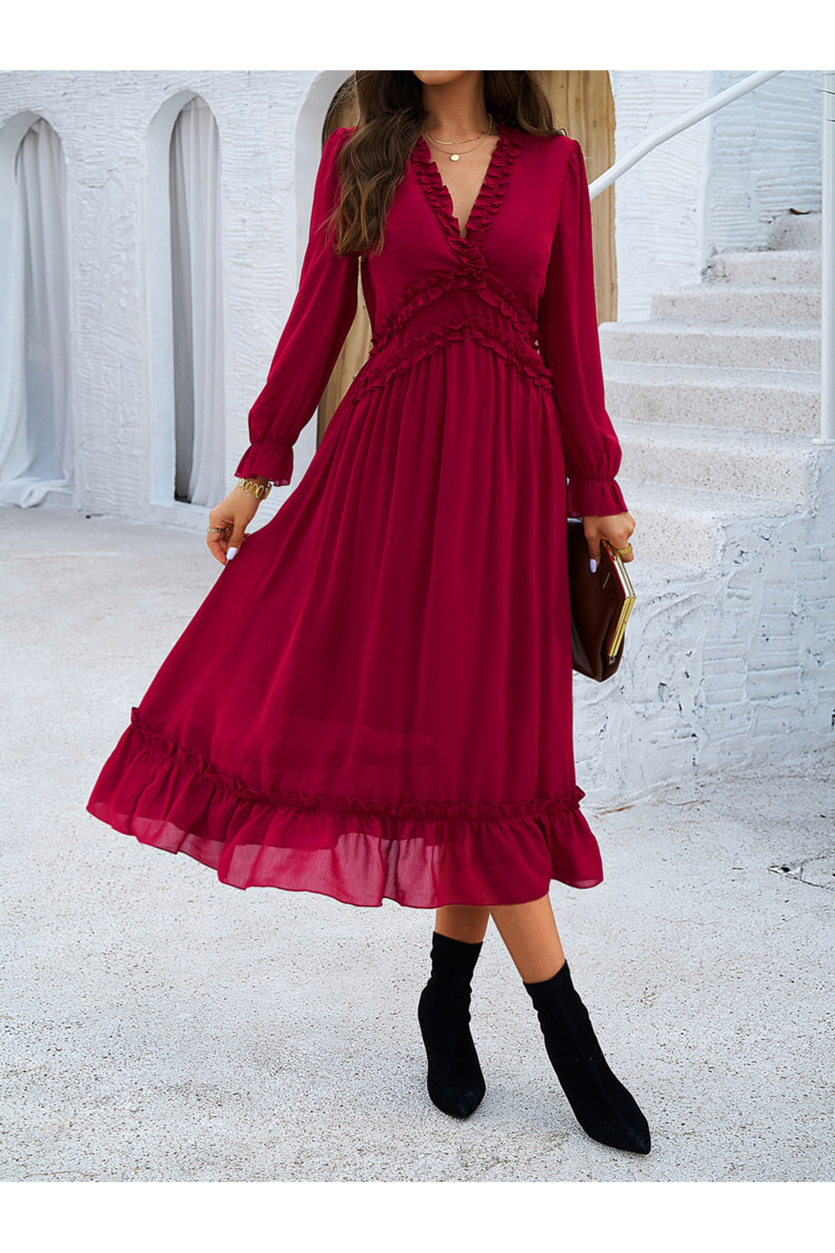Styli-Flounce Detail Solid V Neck Midi Dress 2