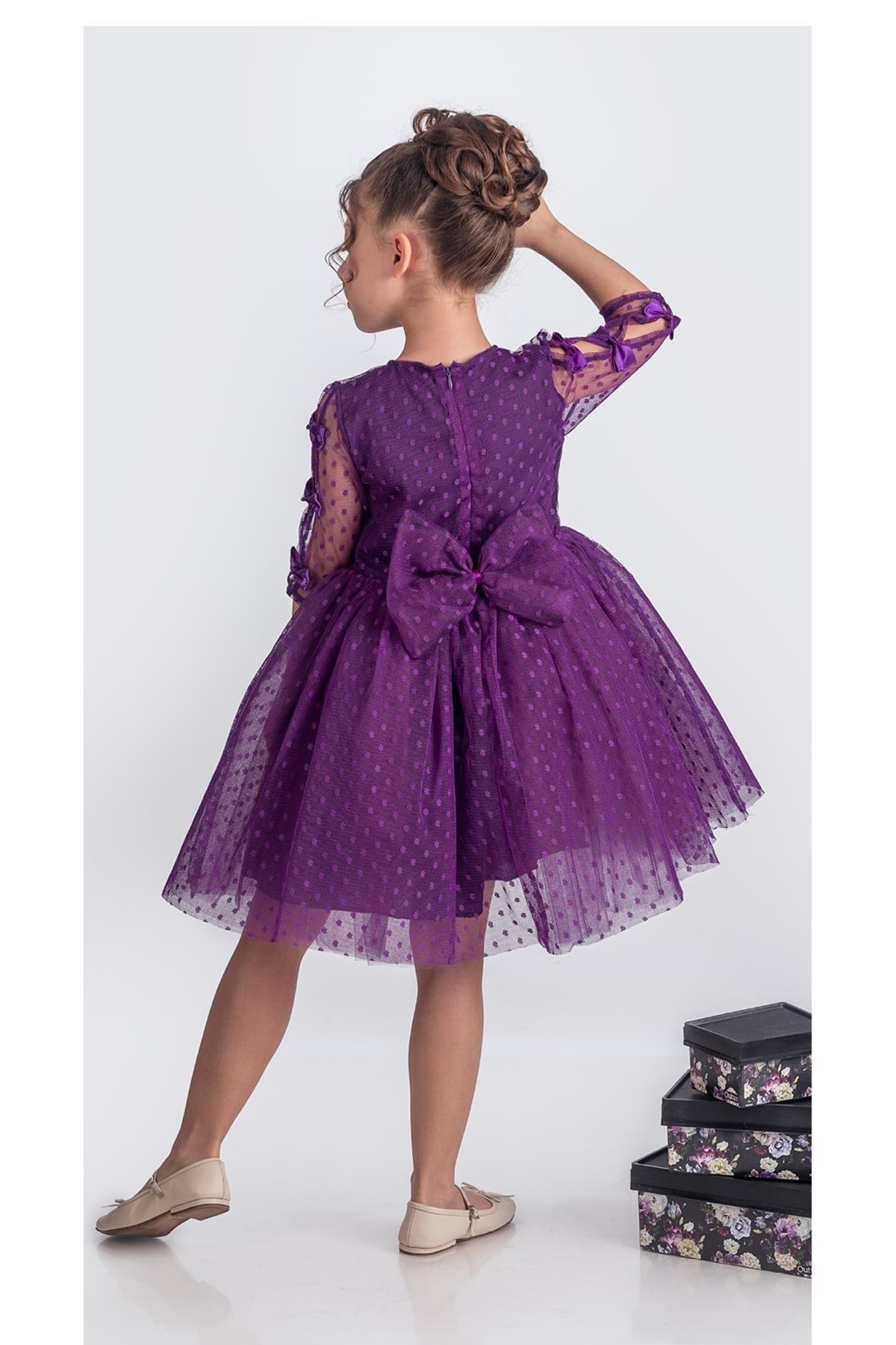 Mnk Baby&Kids Dantel Puanlı, Uzun Kol Prenses Kız Çocuk Elbise M00707 MOR fotoğrafı 3 (önizleme)