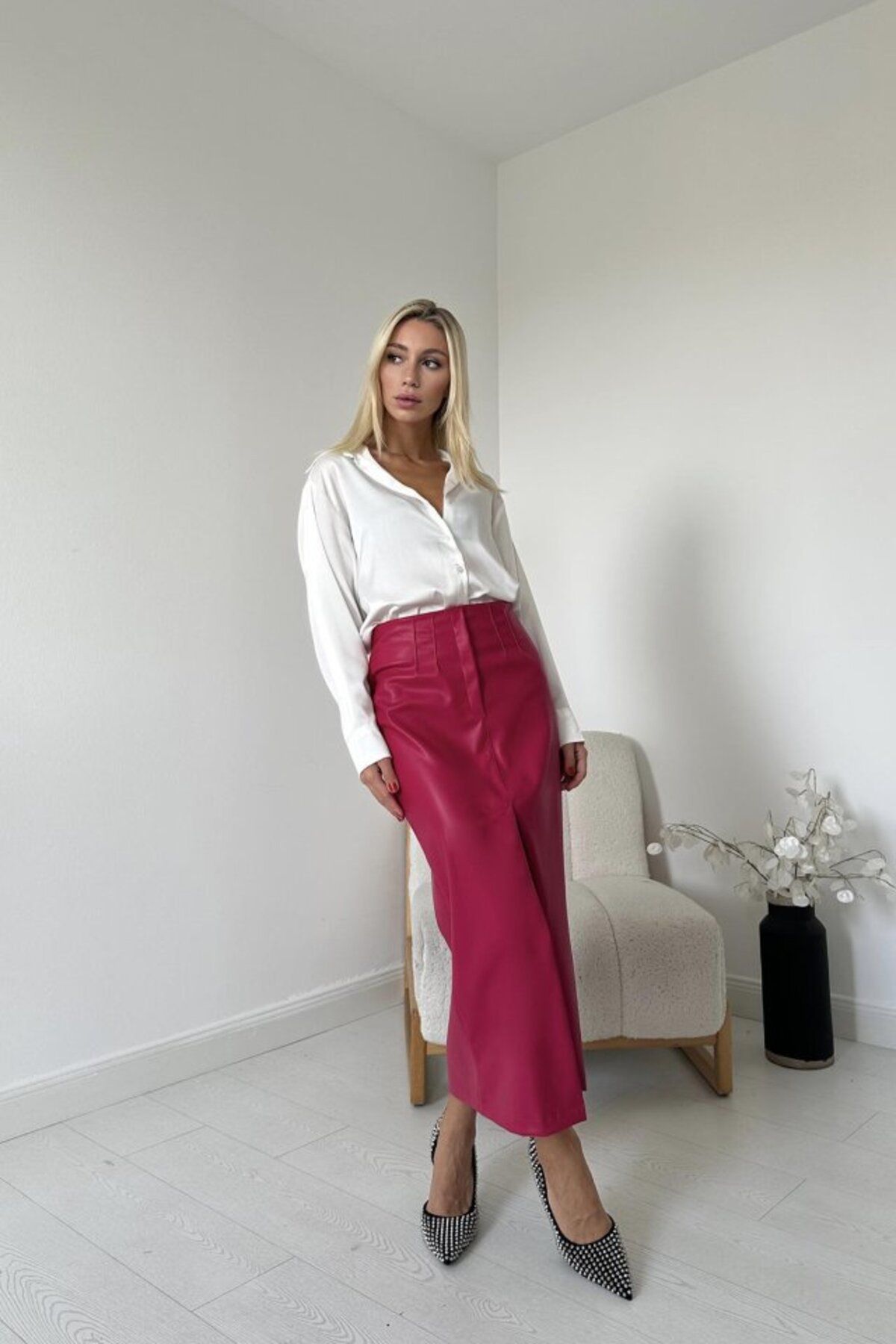 MRA Fashion Fuşya Yırtmaçlı Süs Patlı Etek
