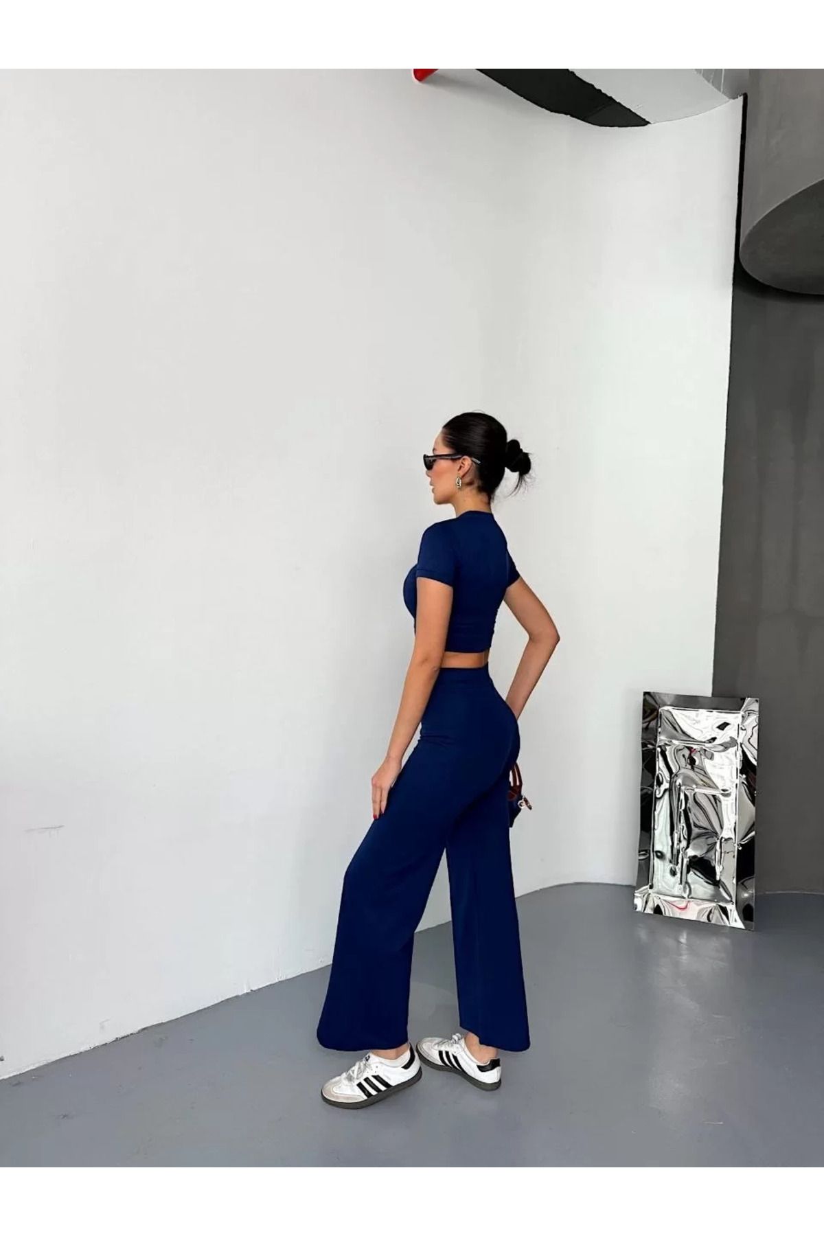 SA Alişveriş Dünyam Osy Modal Yumuşak Dokulu Kumaş Kısa Kollu Crop Alt ispanyol Paça Pantalon ikili Takım - Lacivert