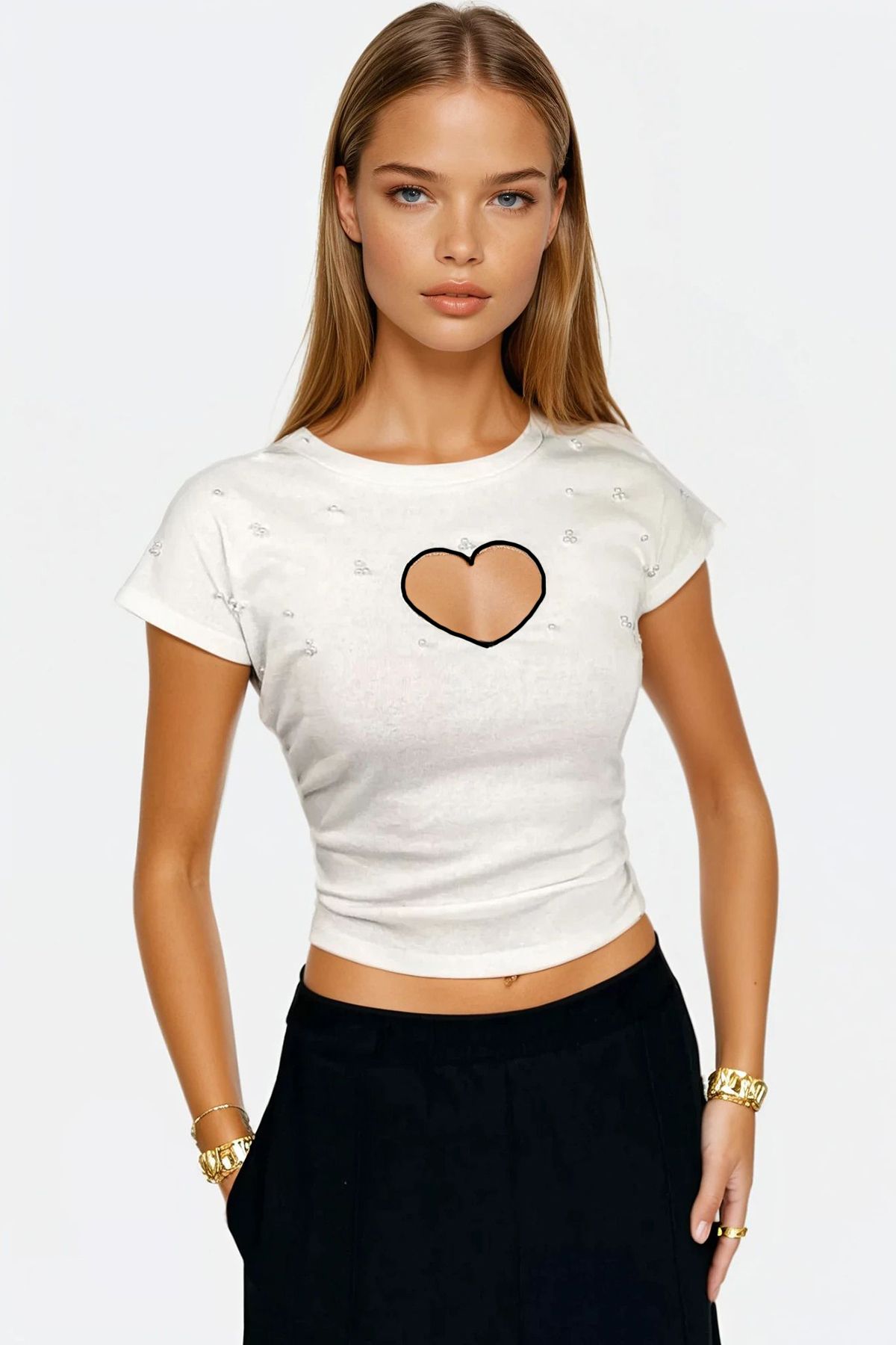 VAGGON-Women's Ecru Crew Neck Heart Embroidered Pearl Embroidered Blouse Prmx13591 2