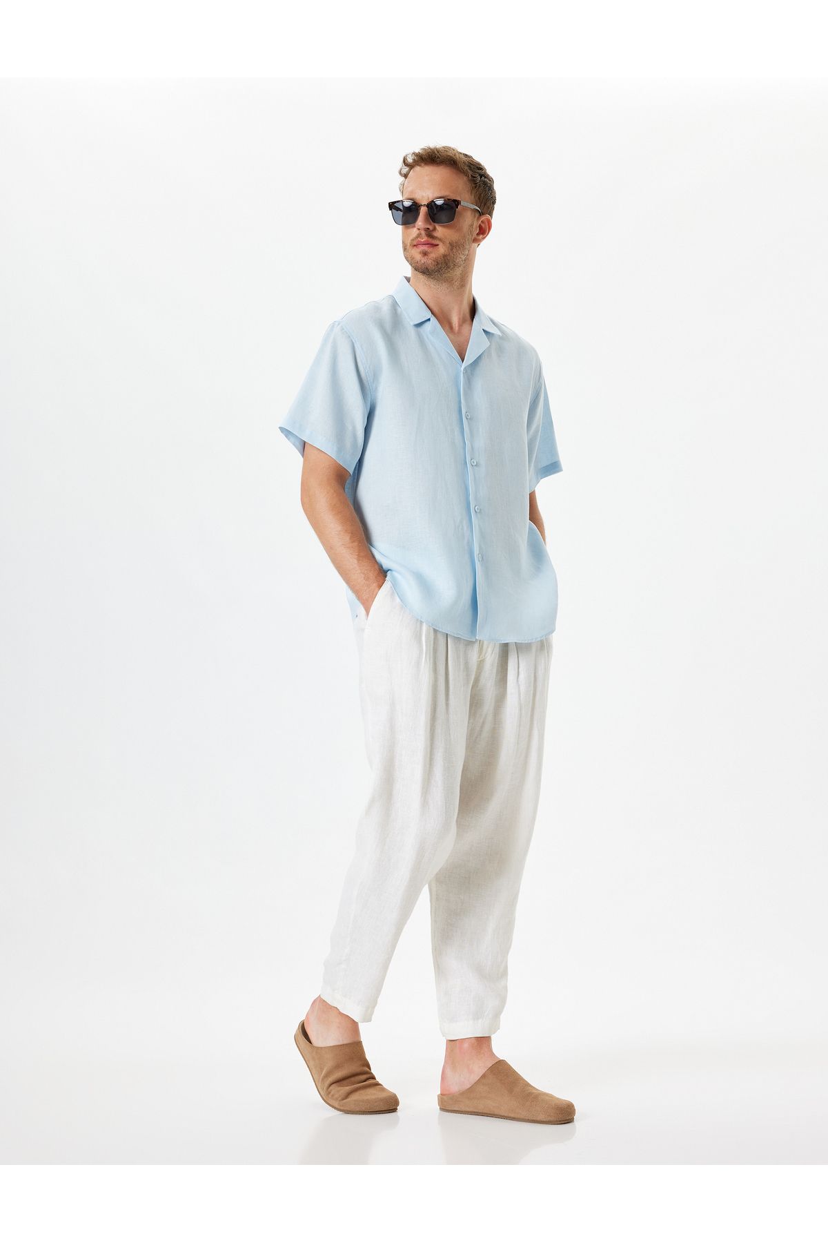 Koton Yeni Sezon Keten Gömlek Basic Devrik Yaka Regular Fit