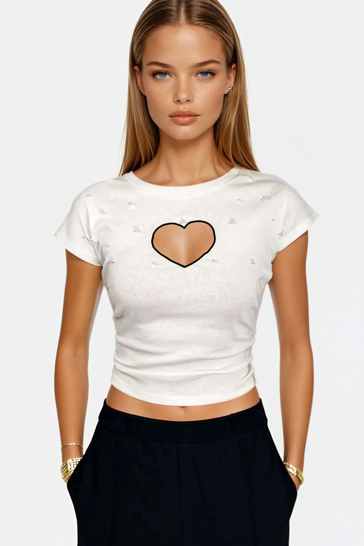 VAGGON-Women's Ecru Crew Neck Heart Embroidered Pearl Embroidered Blouse Prmx13591 3