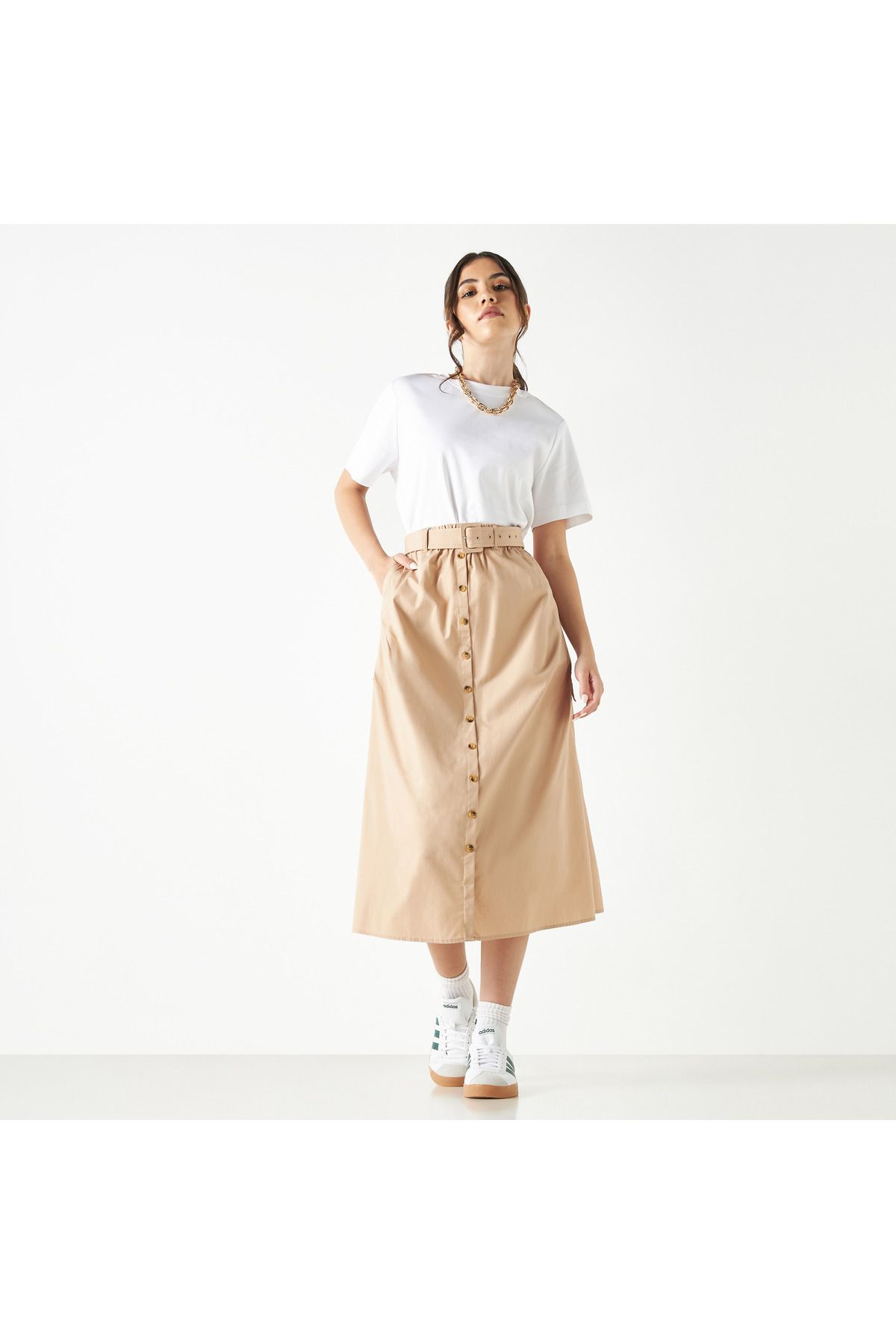 FAV-A-line Midi Skirt with Button Closure and Belt 3