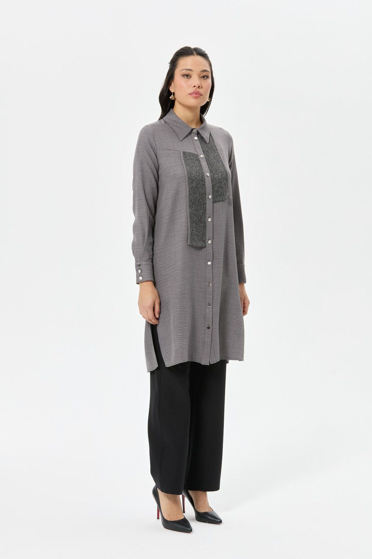 Esswaap-Detailed Buttoned Tunic - Anthracite Mesh Combination 5