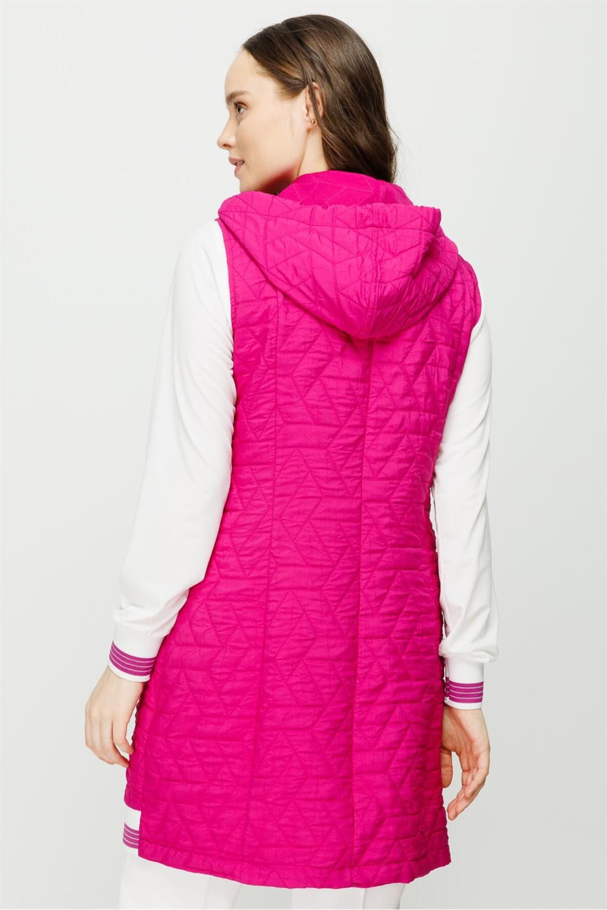 Esswaap-Self Patterned Hooded Vest Tunic Set Fuchsia 6
