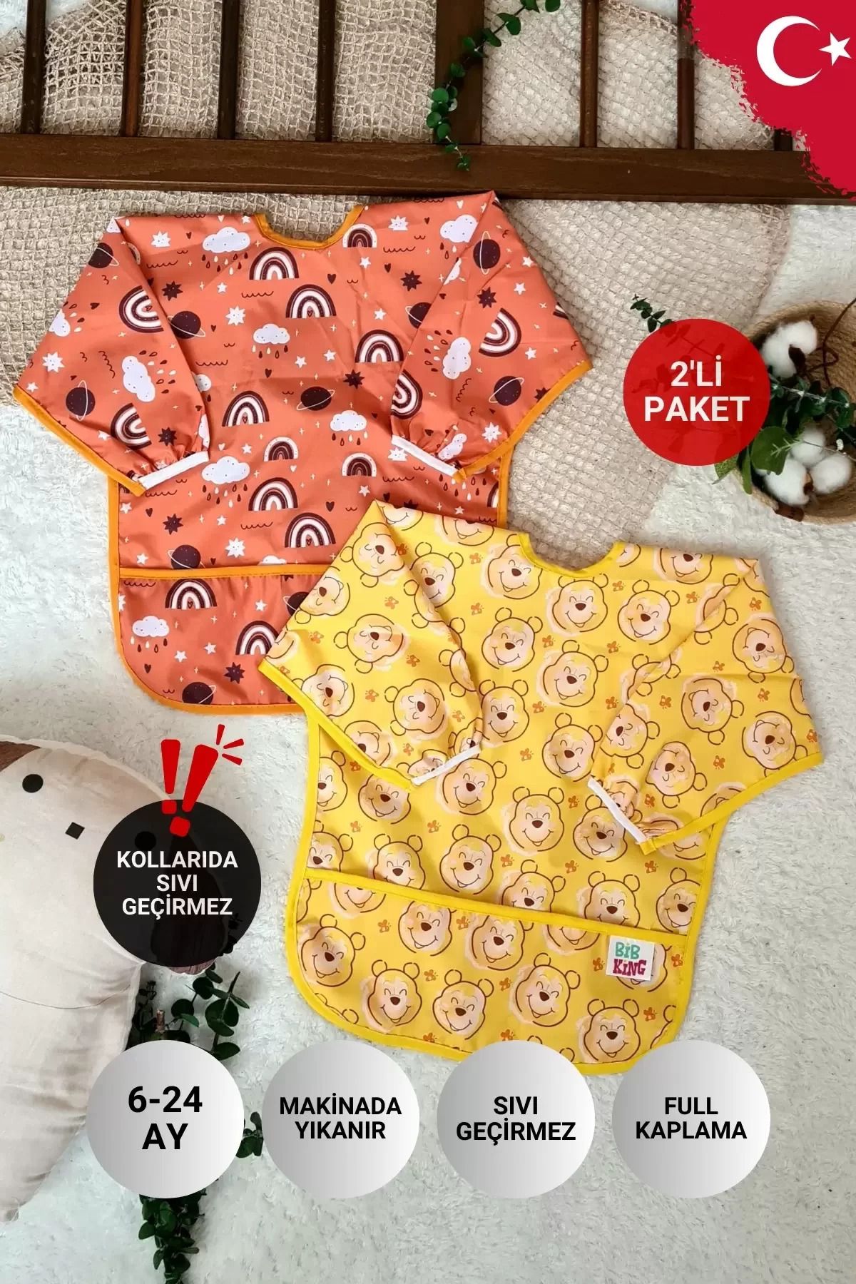 karadağsb Bear Ve Rainbow Desenli 2'li Paket Sıvı Geçirmez Unisex Aktivite Ve Mama Önlüğü 6-24 Ay