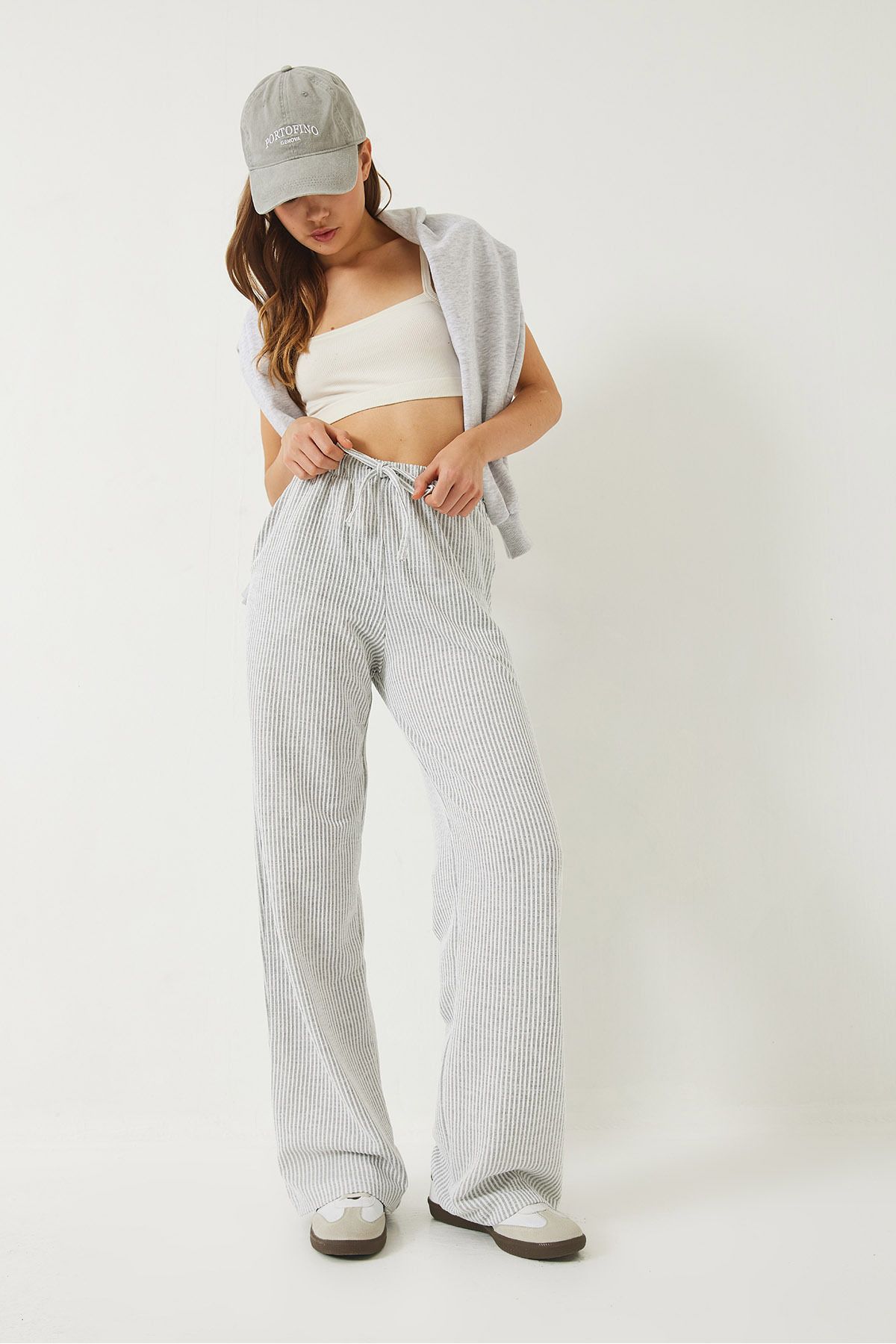 Bianco Lucci-Pantaloni de bază cu buzunare elastice în talie în dungi 60284003 3