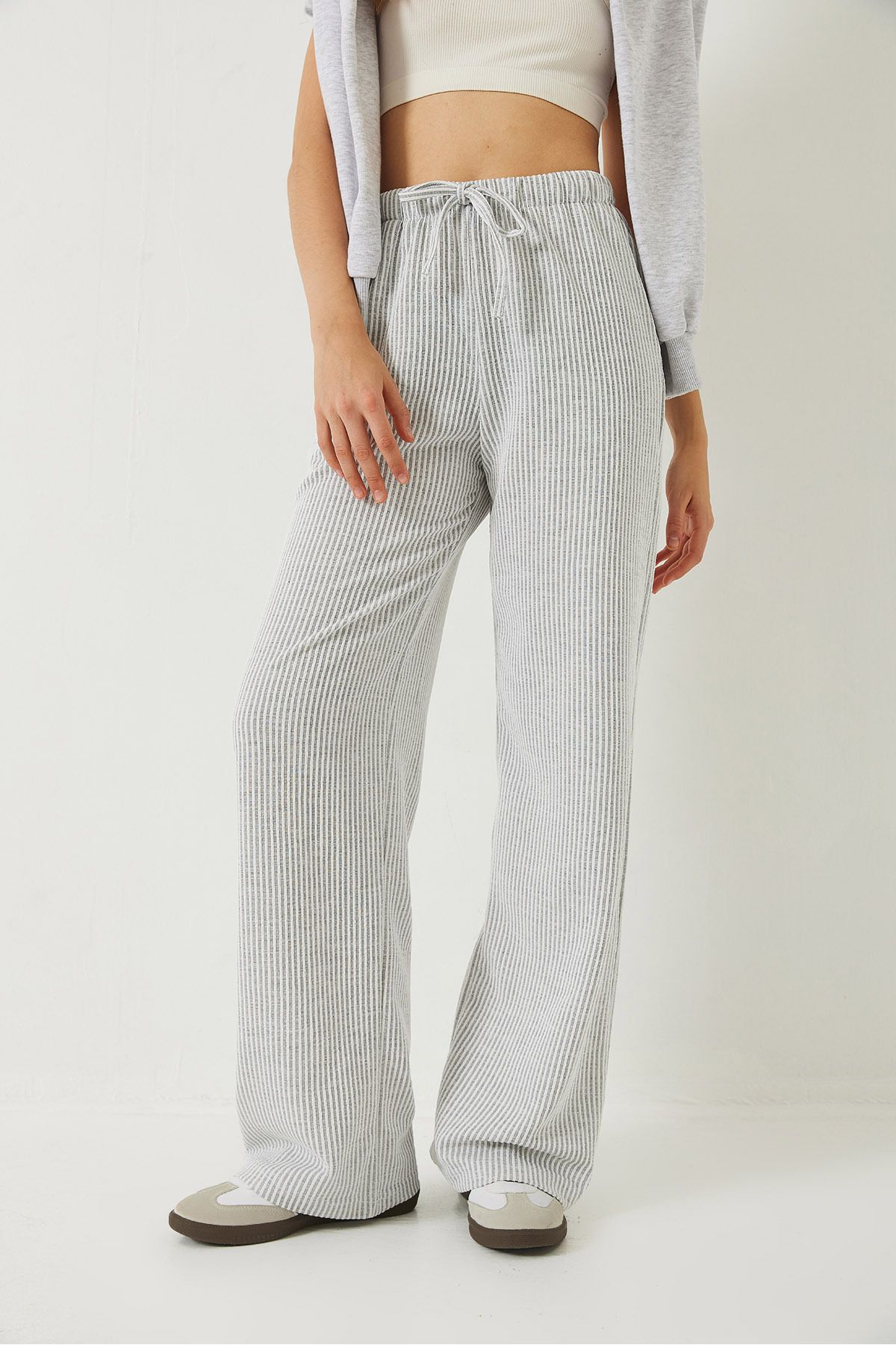 Bianco Lucci-Pantaloni de bază cu buzunare elastice în talie în dungi 60284003 5