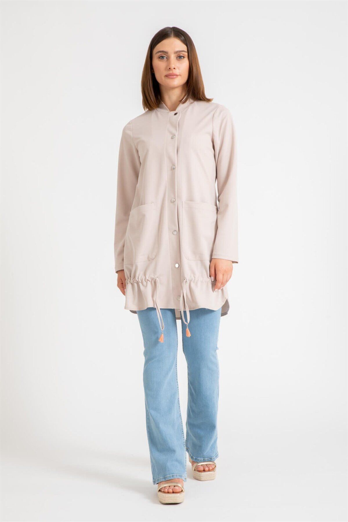 Esswaap-Gather Detailed Tunic Jacket with Snap Closure on the Front Beige 4