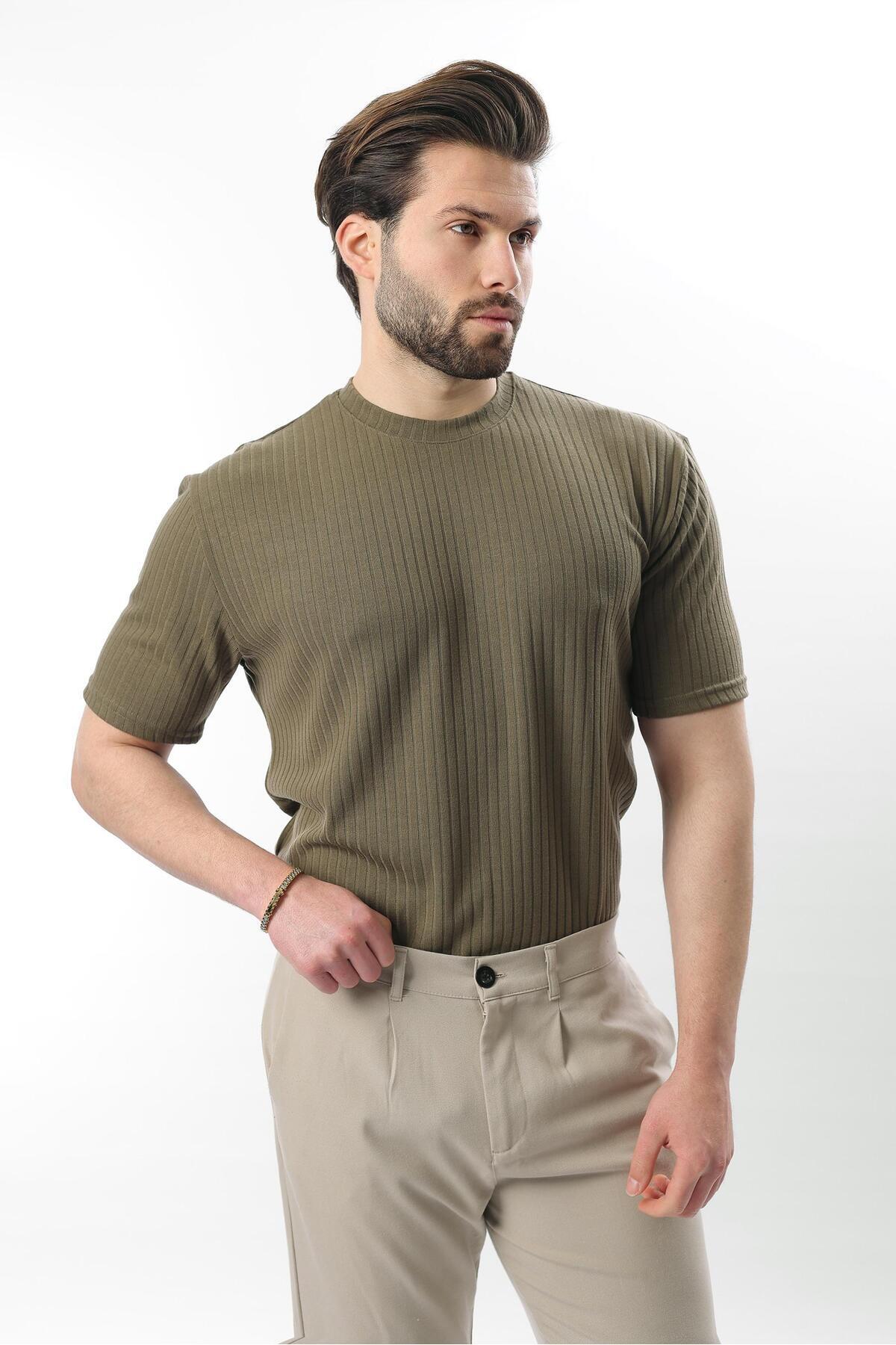 Madmext-Khaki Textured Line Design Crew Neck Men's T-Shirt E7122 3