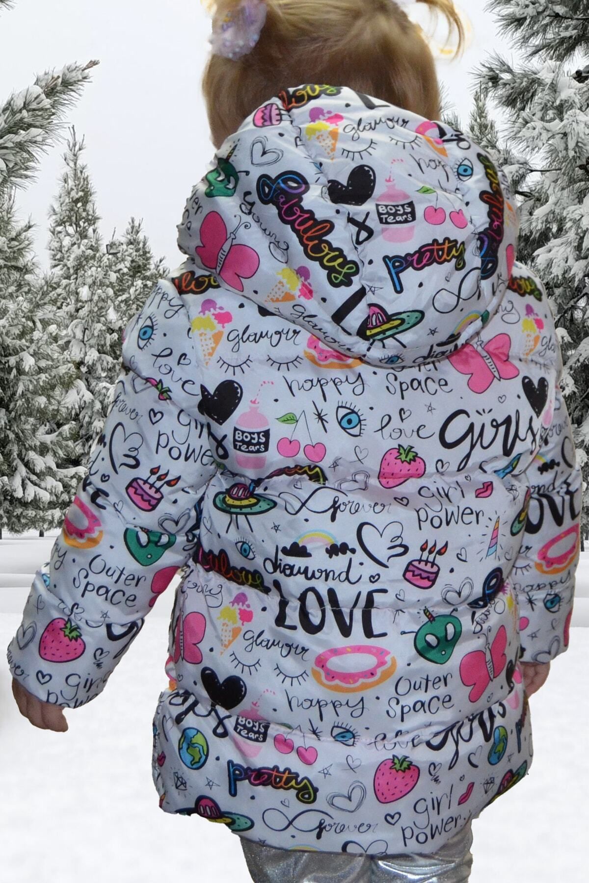 freemen-Sports Girl Sports Children's Fleece Hooded Girls' Written Butterfly Patterned Coat & Coat & Parka 3