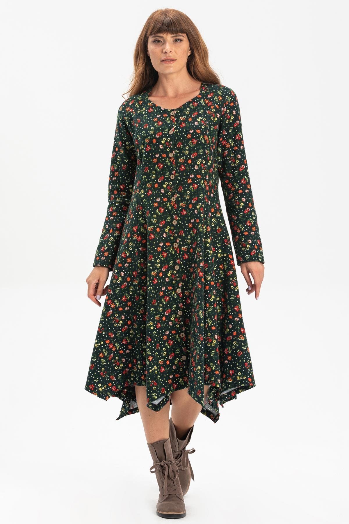 Eliş Şile Bezi Mânecă Lungă Flanel Chiparos Rochie Midi Toamnă Și Iarnă Motiv Floral Verde Ysl Femeie - XS
