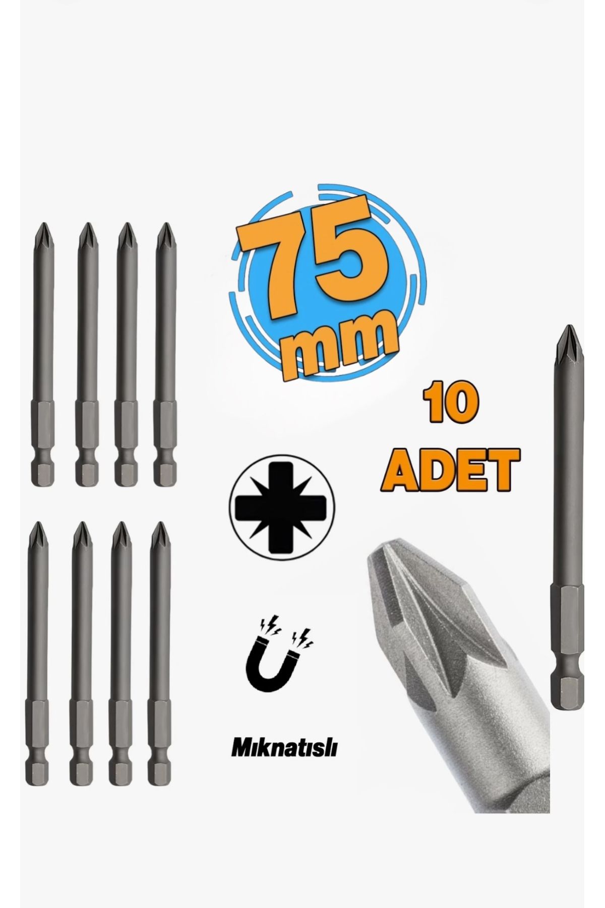 zimak Mıknatıslı Pozidriv Bits Uç PZ 2x75 mm Matkap Vidalama Ucu 7,5 cm (10 Adet)