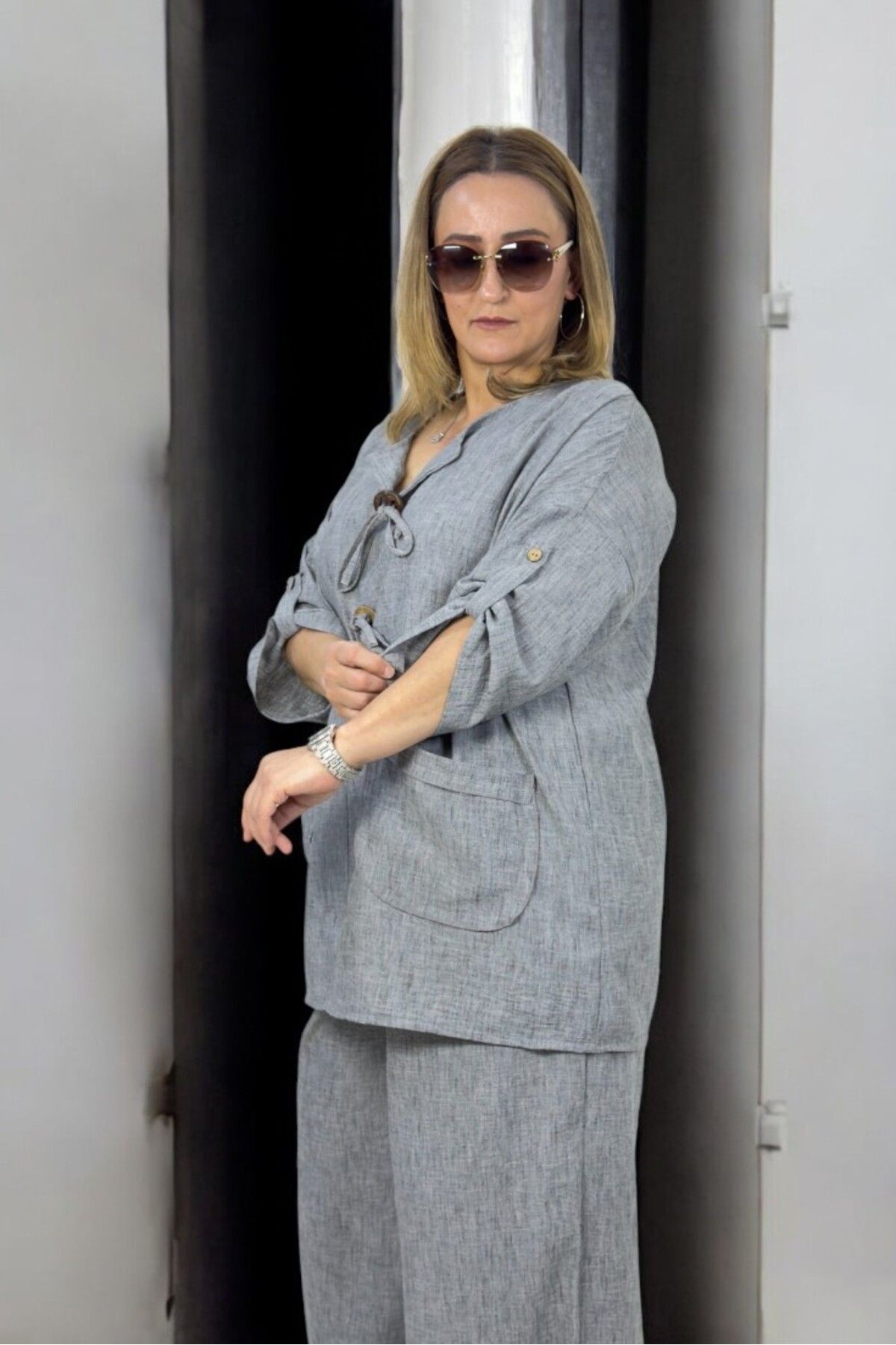 yagmurberen-Thin Linen Tunic and Elastic Pants Oversize Unity Suit 3