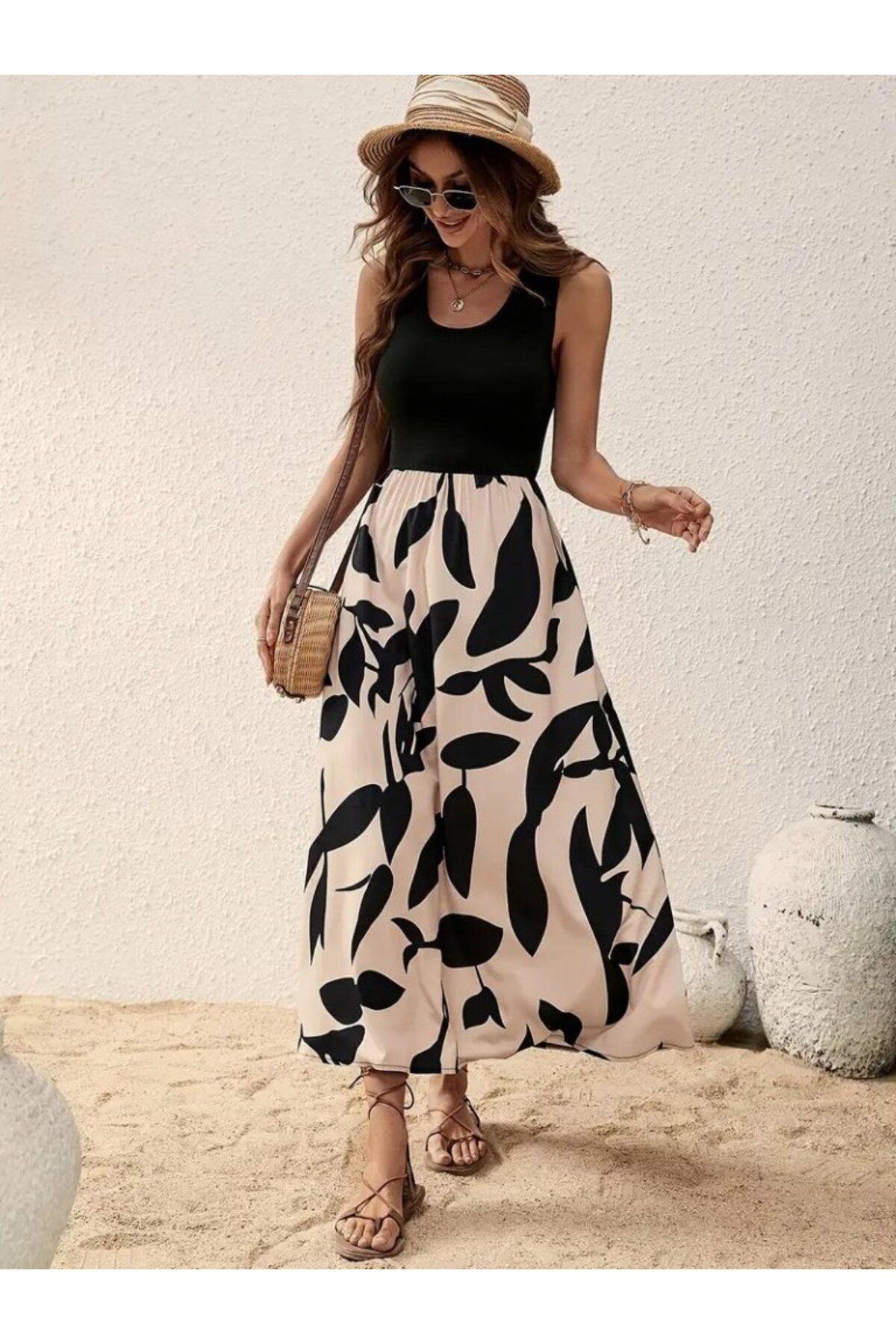MRA Fashion Kadın Askılı Yuvarlak Yaka üst Viskon Alt Desenli Uzun Süprem Elbise