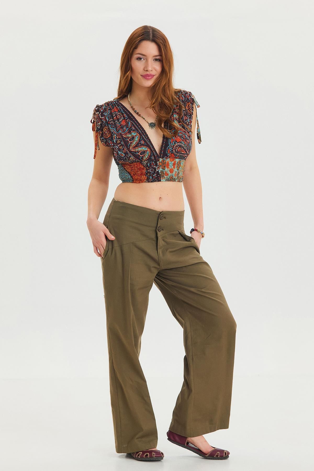 Los banditos-Bohemian Trousers with Pleated Bias Cut Buttons 3