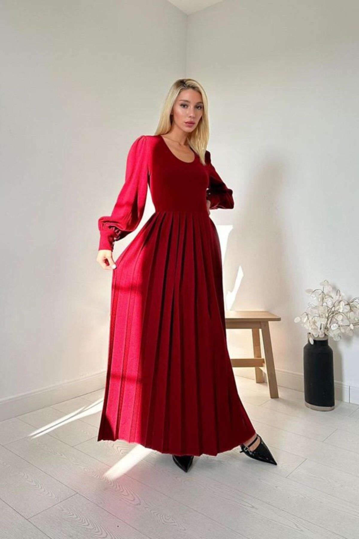 MRA Fashion Bordo Bisiklet Yaka Elbise