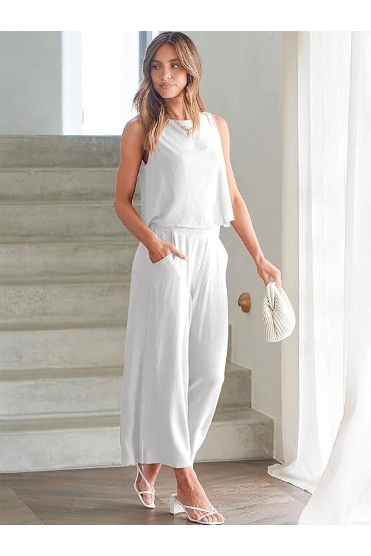 Mothermood yeni Keten Yazlık Yüksel Bel Capri Pantolon Sırt Detaylı Kolsuz İkili Takım