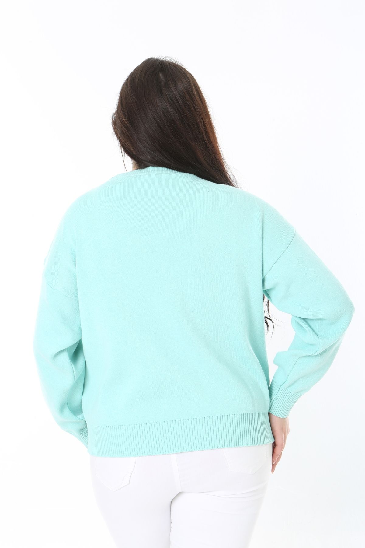 Şans-Women's Large Size Green Suzine Embroidered Knitwear Sweater 65N38862 5
