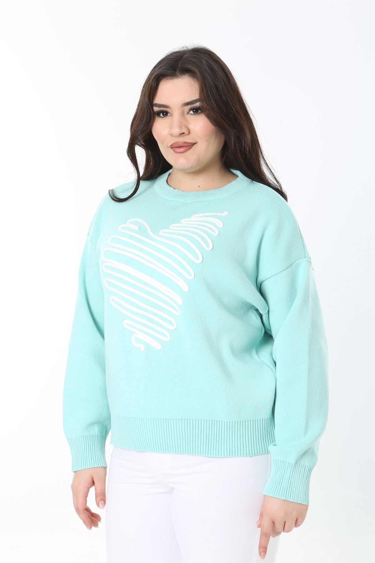 Şans-Women's Large Size Green Suzine Embroidered Knitwear Sweater 65N38862 3