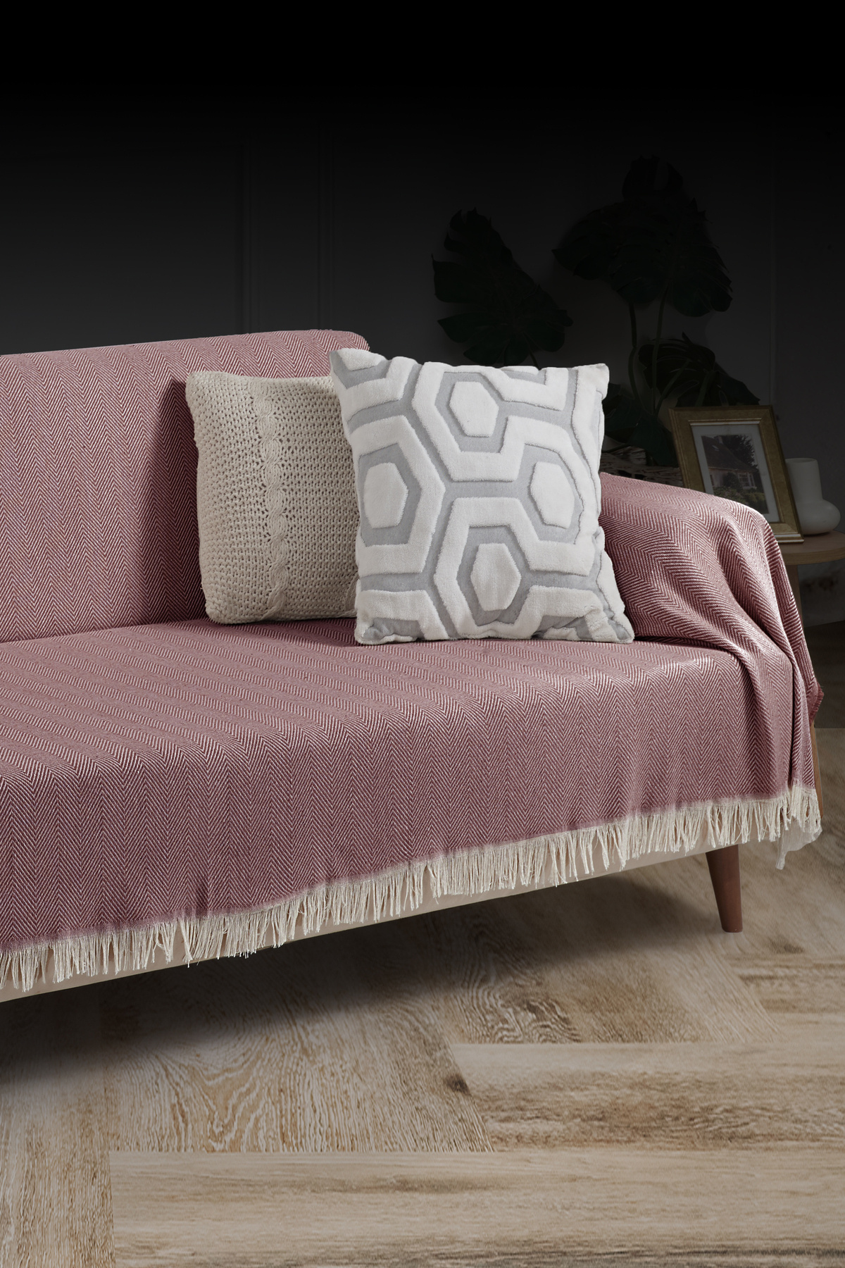LADYNİL-100% Cotton Fringed Sofa Cover 180X300 cm Claret Red 3