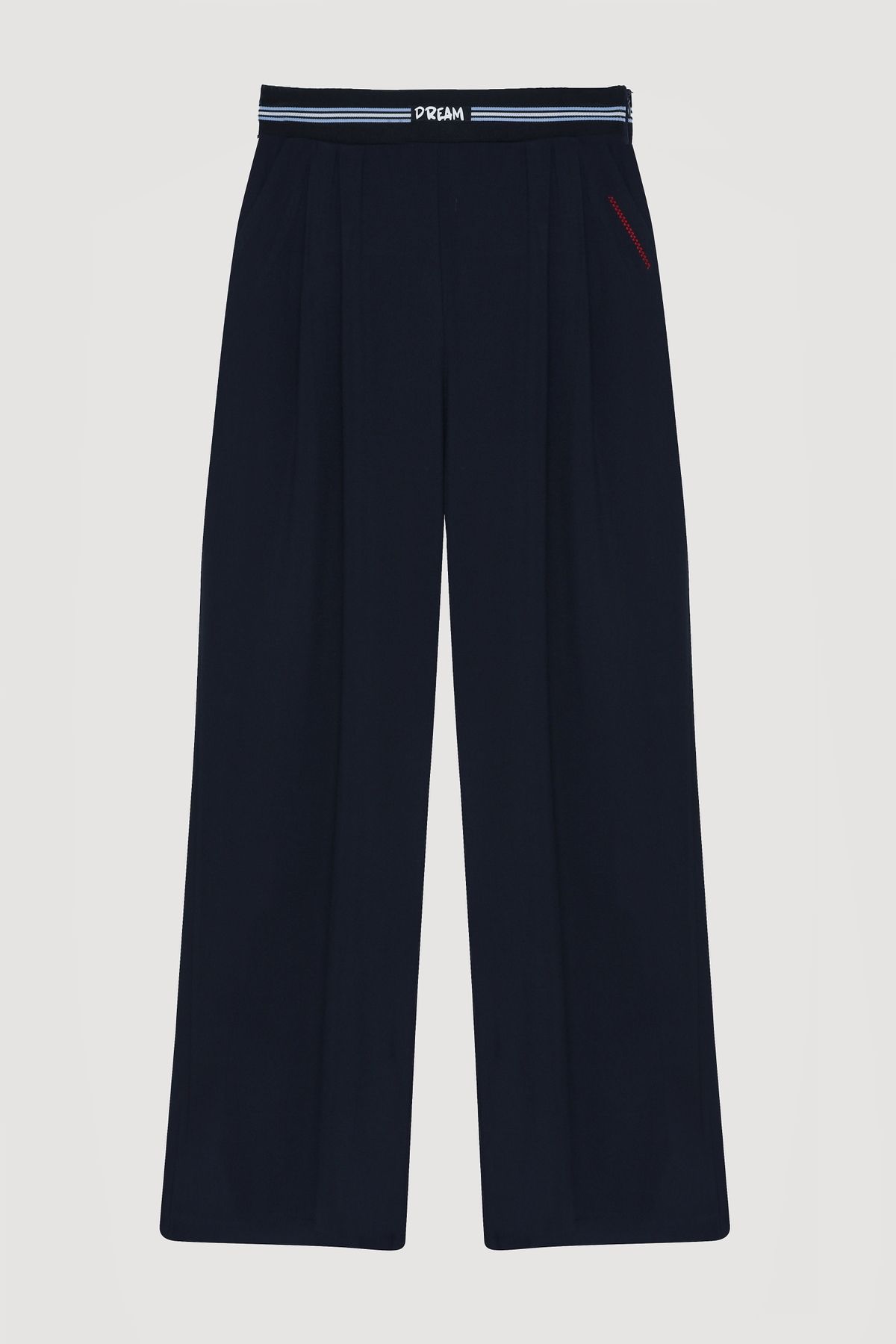 Quzu-Elastic Waist Stripe Wide Leg Trousers Navy Blue 2