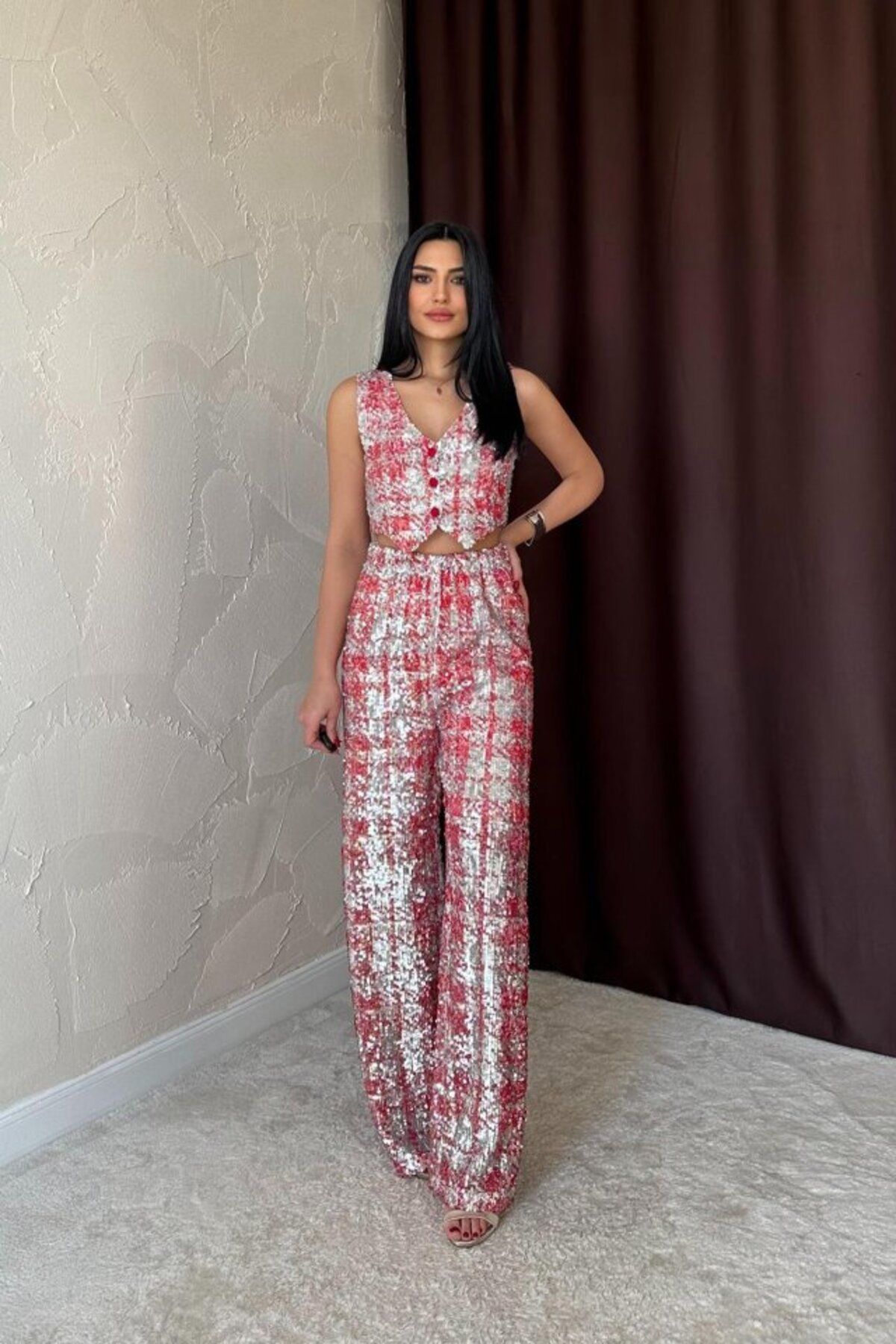 Leyaa Kırmızı Pullu Yelek Ve Pantolon Takım