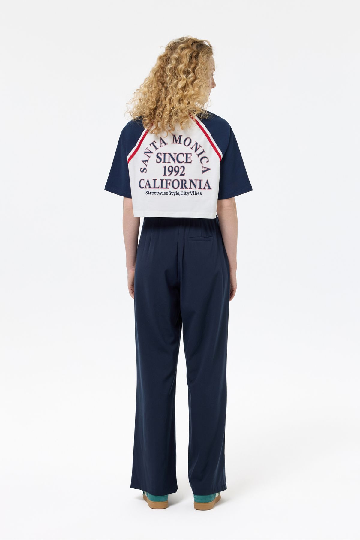 Quzu-Elastic Waist Stripe Wide Leg Trousers Navy Blue 5