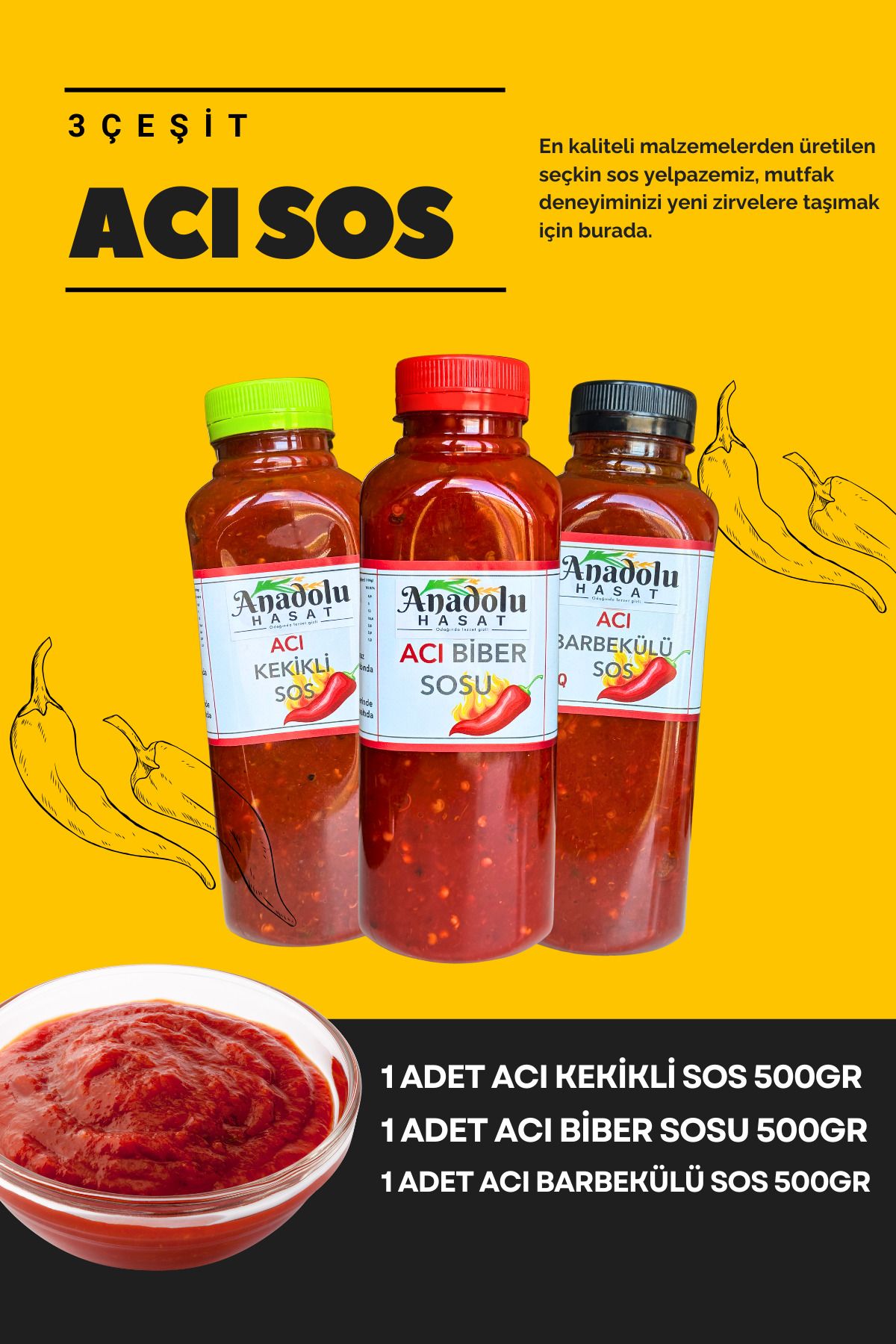 ANADOLU HASAT 3 Adet- Acı Kekikli, Acı Biberli ve Acı Barbekülü Sos 500 Gr
