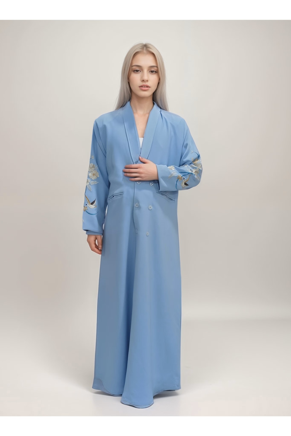 Generic-Sky blue abaya with classic embroidery on the sleeves 1