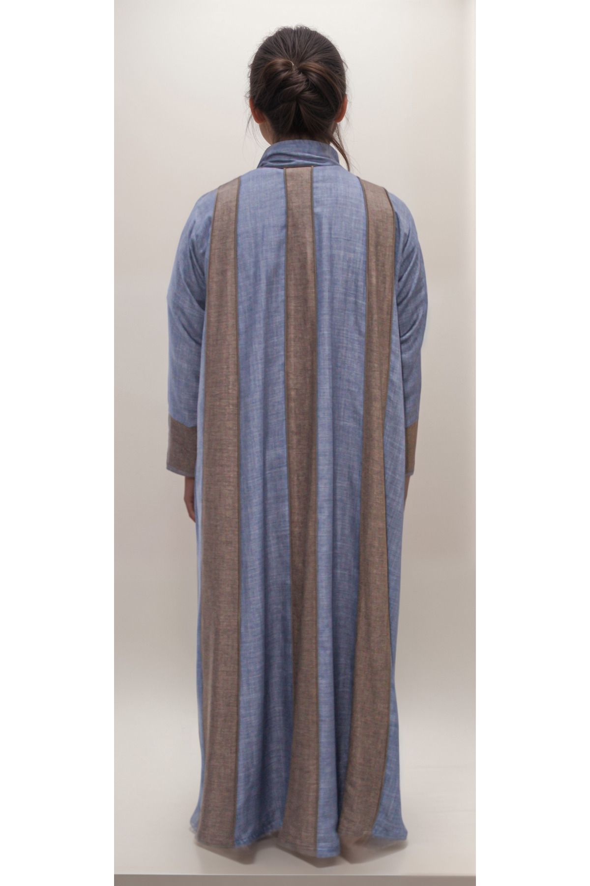 Generic-Multi-colored linen abaya with rectangular linings along the length of the abaya made of the same fabric 2