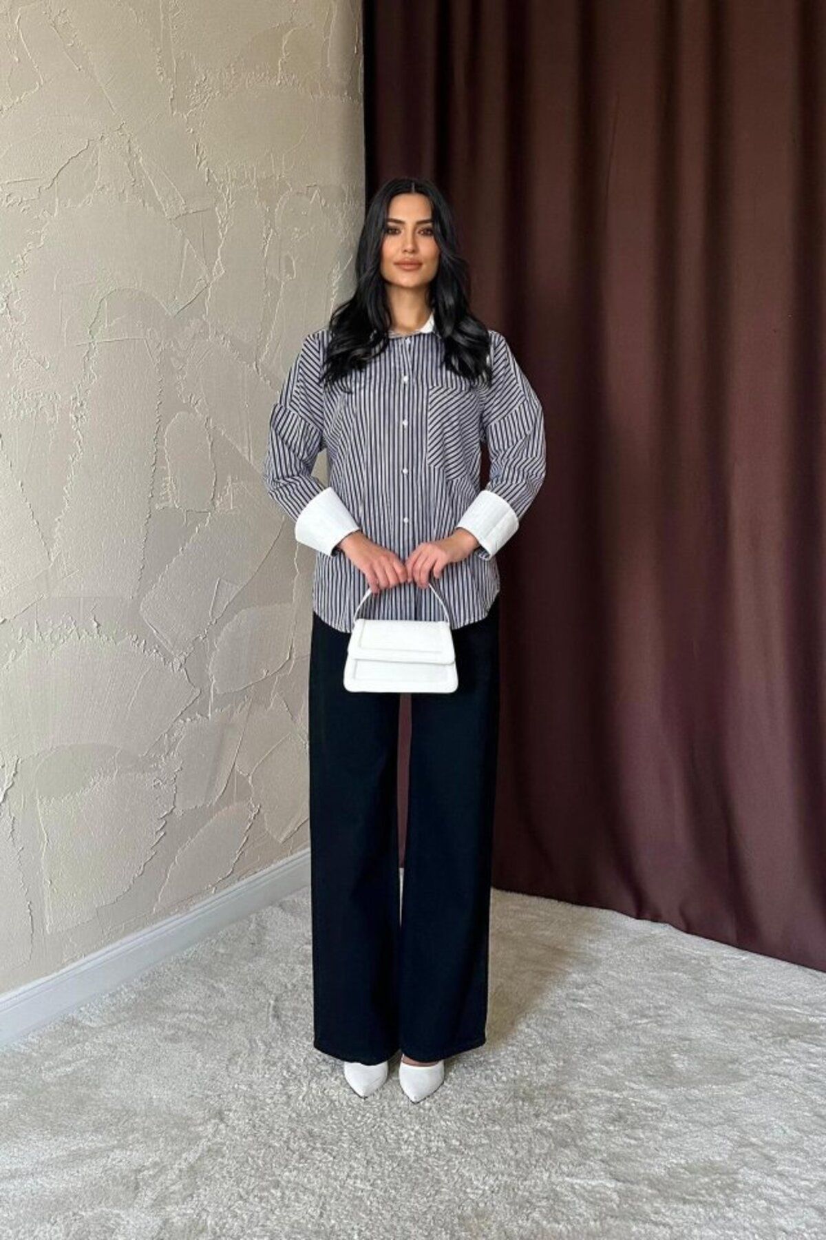 KAZAK Siyah Çizgili Poplin Uzun Kol Gömlek