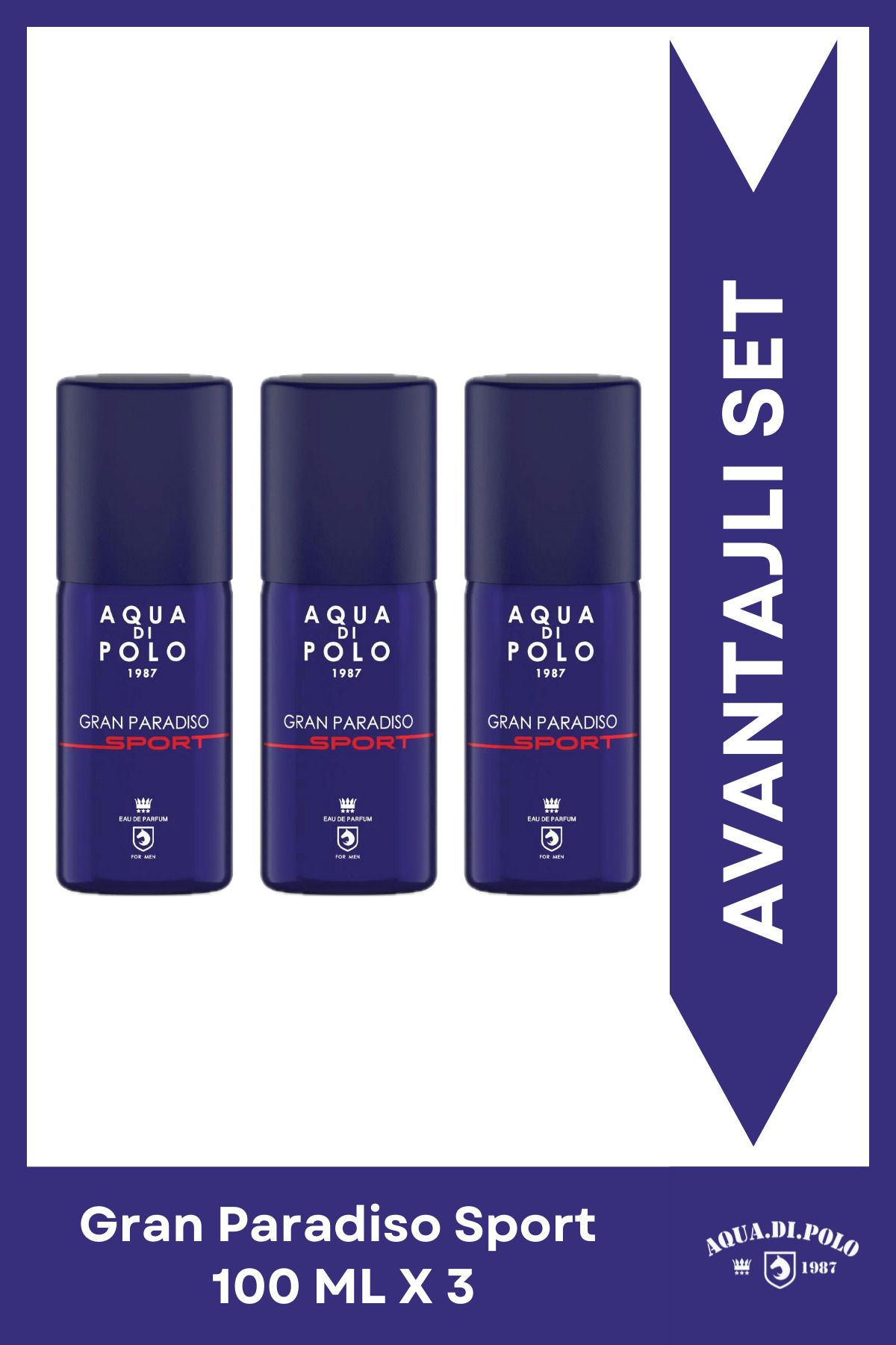 ست عطر مردانه 3 تکه Edp بطری فلزی 100 میلی لیتری Gran Paradiso Sport Aqua Di Polo 1987