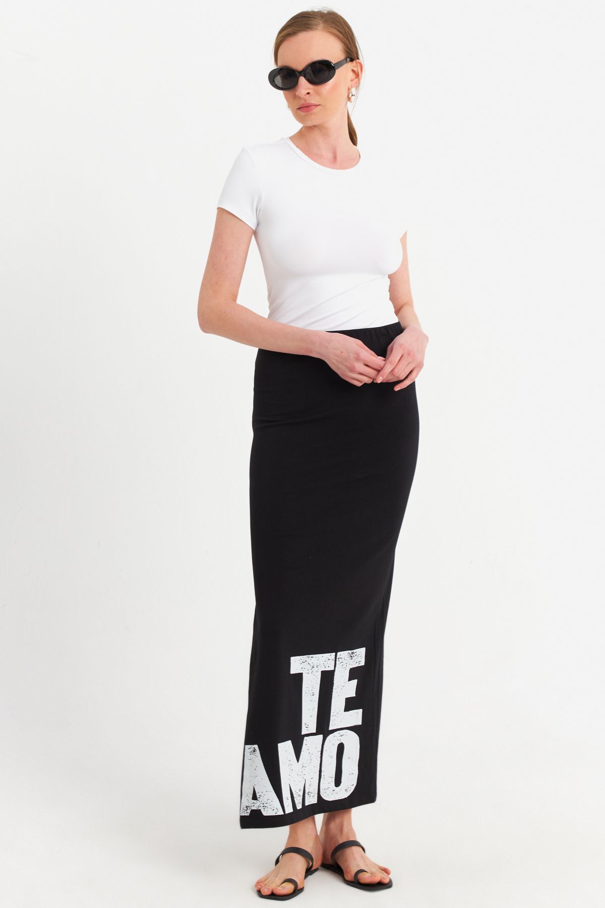 Cool & Sexy-Women's Black Printed Slit Midi Skirt Tpg09 4