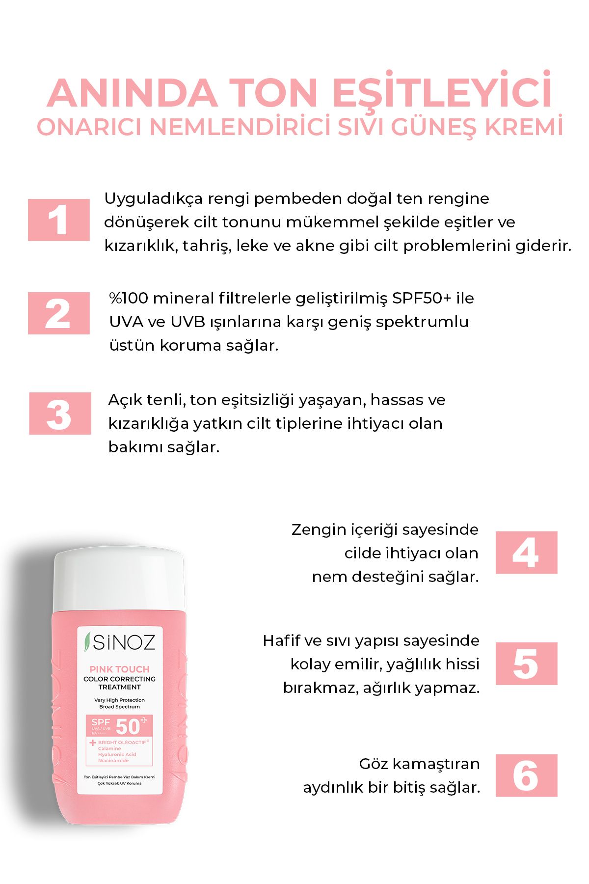 کرم ضدآفتاب صورت صورتی Spf50 اینستنت تون اکولایز ترمیم کننده مرطوب کننده صورت صورتی Sinoz