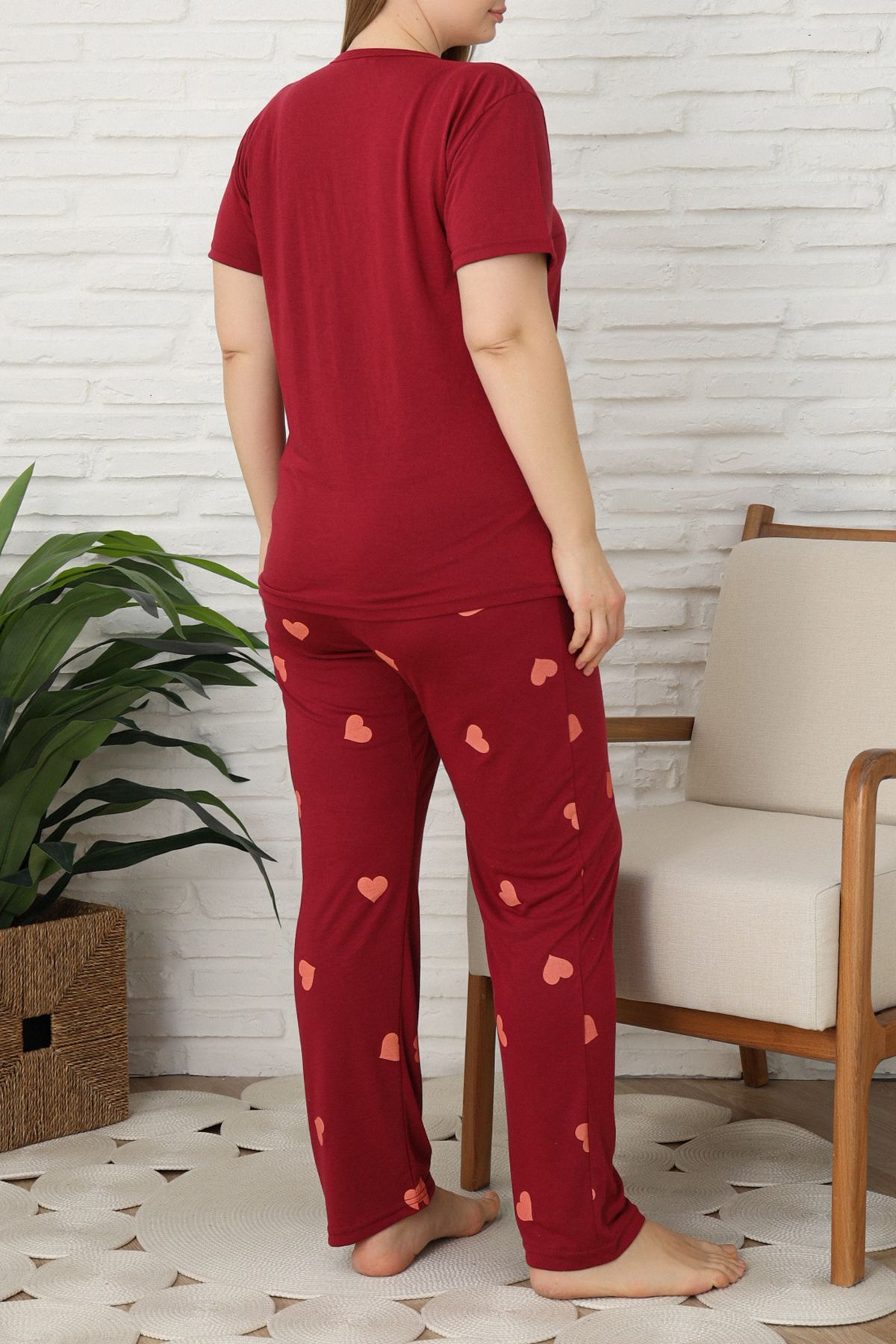 Edit by Trendyol-Burgundy Heart Patterned Buttoned Knitted Large Size Pajama Set Tedss25Ai00002 3